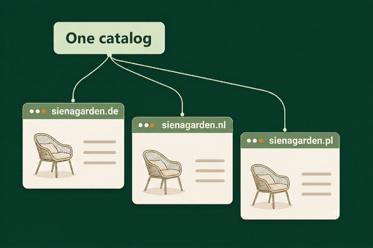 One catalogue distributed across three country domains: sienagarden.de, sienagarden.nl and sienagarden.pl