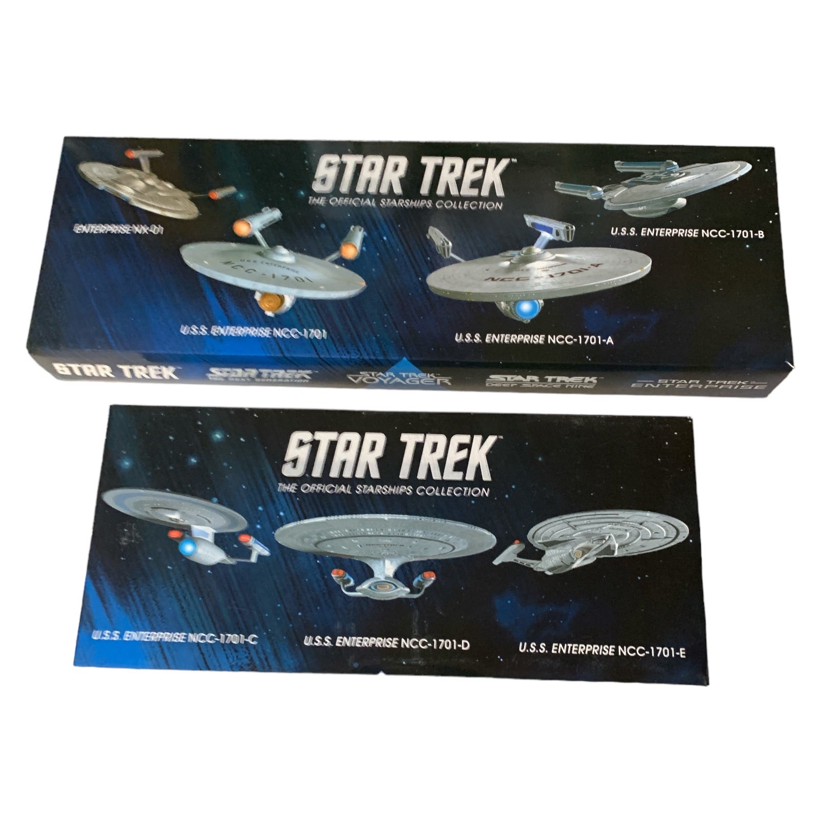 7 x Raumschiffe Set (NX-01, U.S.S. Enterprise NCC-1701, 1701-A, 1701-B, NCC-1701-C 1701-D, 1701-E) 7 Modelle mit englischem Magazin Eaglemoss -  Star Trek 