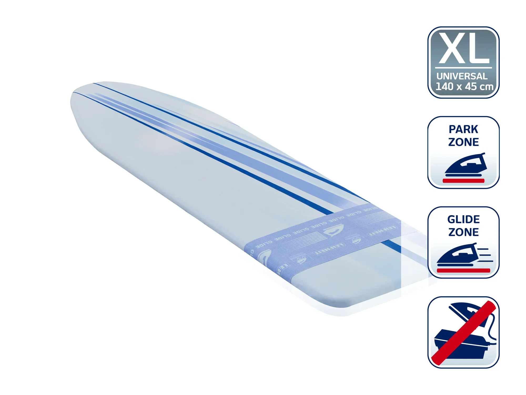 Ein Bügeltischbezug in XL-Größe (140 x 45 cm) mit blauen Streifen. Der Bezug bietet spezielle Zonen: eine Parkzone für das Bügeleisen und eine Gleitzone für einfaches Bügeln.