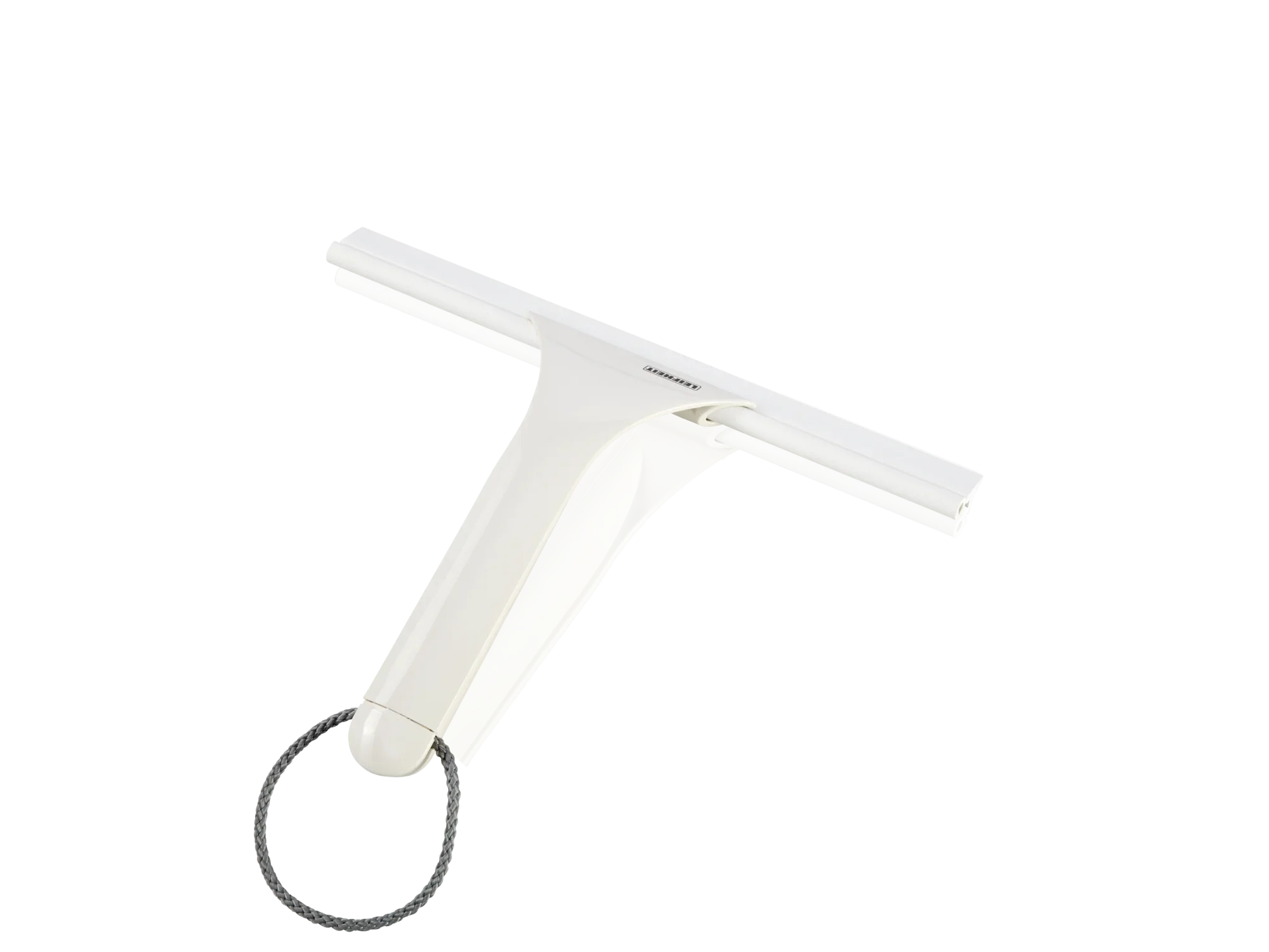 Une raclette pour cabine de douche blanche appelée Cabino Shower Slider avec poignée ergonomique et boucle de suspension. Idéale pour nettoyer sans traces les surfaces en verre dans la douche.