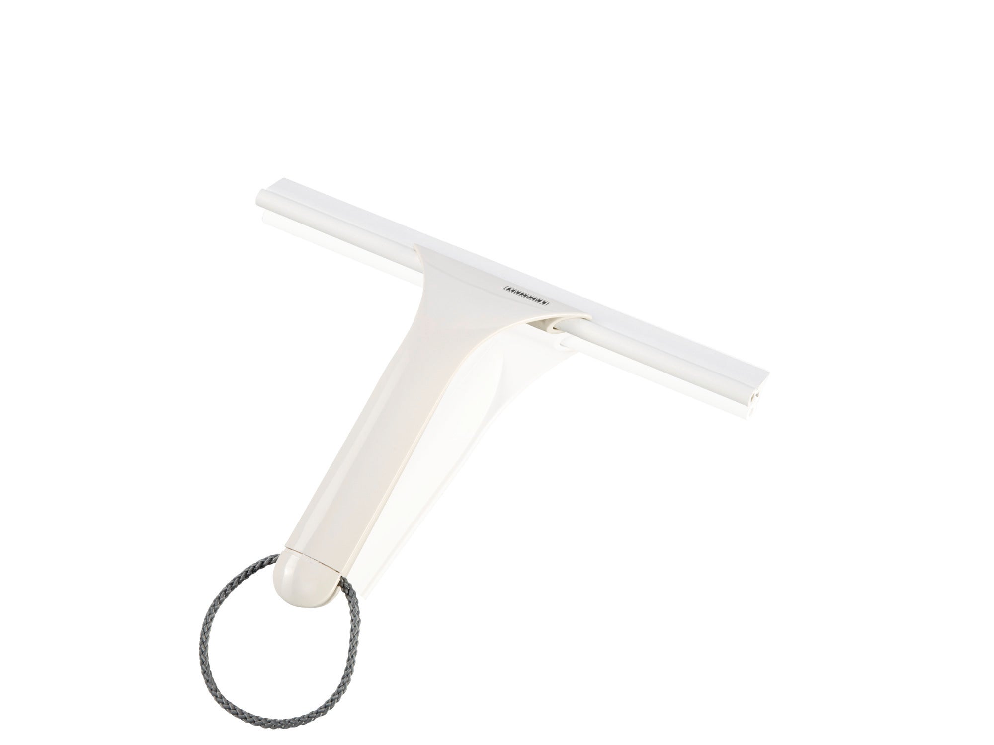 Een witte douchewisser Cabino Shower Slider met ergonomische handgreep en ophanglus. Ideaal voor het streeploos reinigen van glazen oppervlakken in de douche.