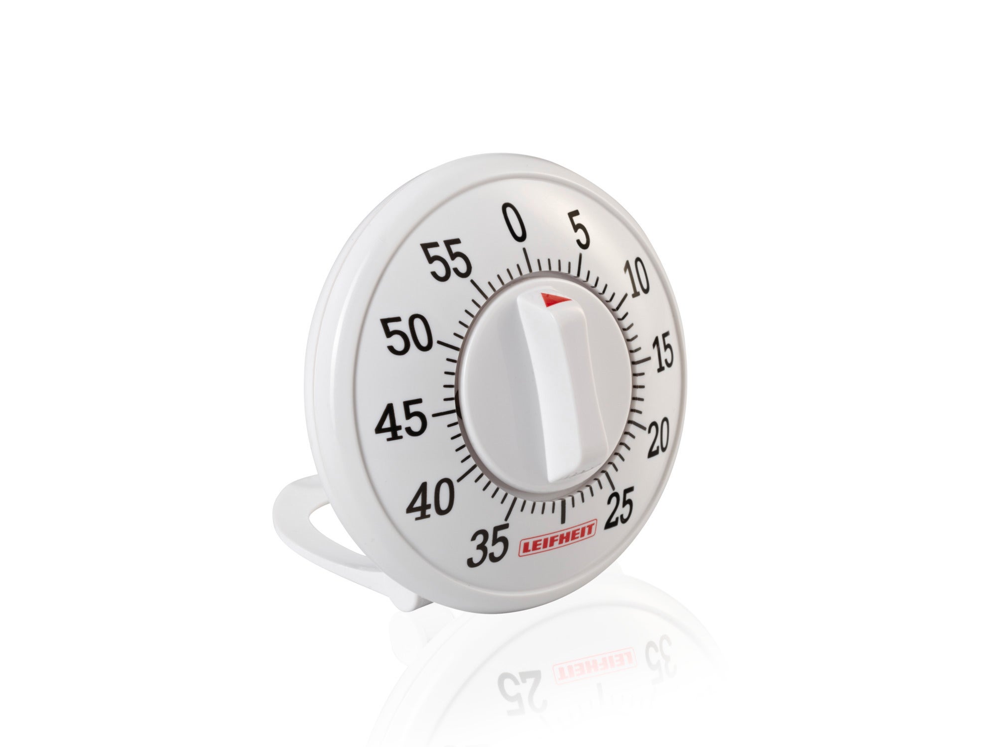 Ein weißer Kurzzeitmesser mit einem großen Drehknopf und klaren schwarzen Zahlen von 0 bis 55. Ideal für präzises Timing in der Küche. Das Design ist schlicht und funktional.
