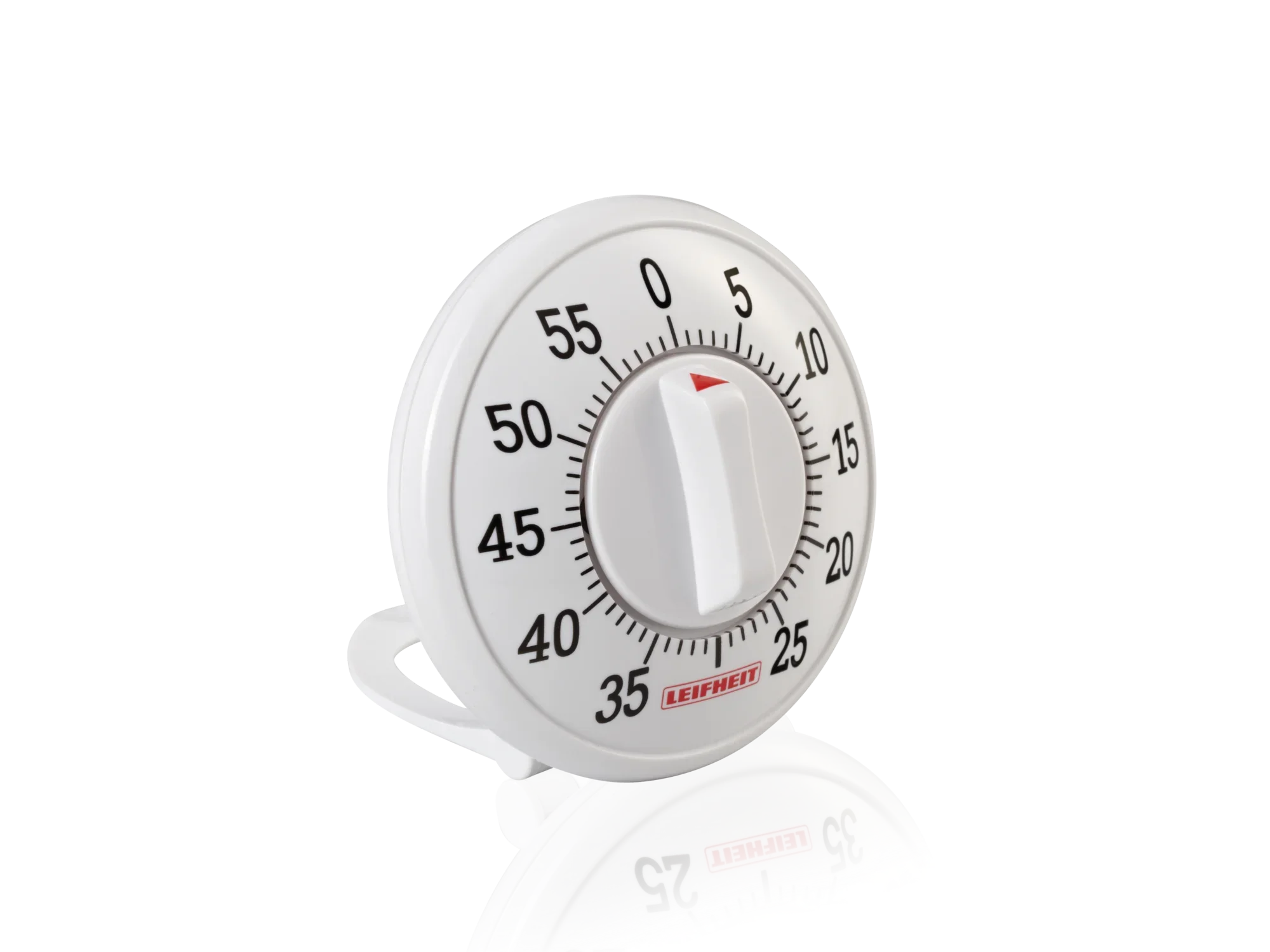 Een witte kookwekker met een grote draaiknop en duidelijke zwarte cijfers van 0 tot 55, ideaal voor nauwkeurige timing in de keuken. Het ontwerp is eenvoudig en functioneel.