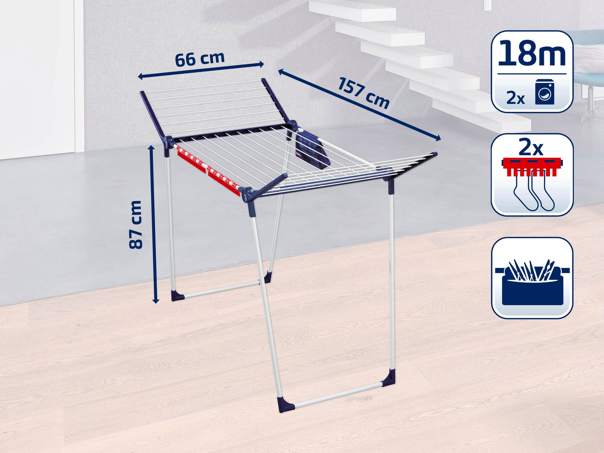Wolnostojąca suszarka o szerokości 66 cm, długości 157 cm i wysokości 87 cm. Oferuje 18 metrów długości suszenia, ma dwa uchwyty na małe przedmioty i jest idealna do użytku wewnątrz pomieszczeń.