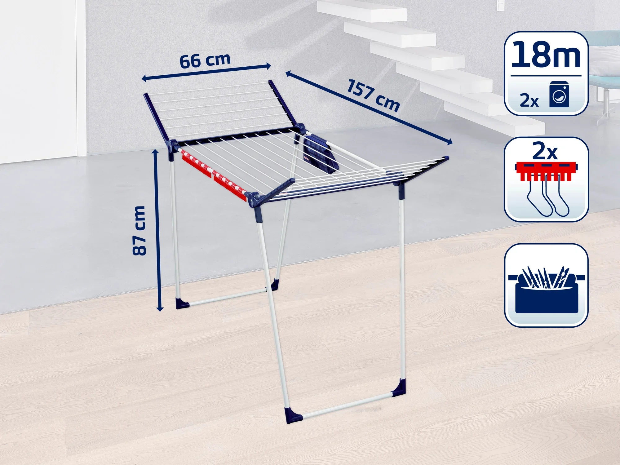 Wolnostojąca suszarka o szerokości 66 cm, długości 157 cm i wysokości 87 cm. Oferuje 18 metrów długości suszenia, ma dwa uchwyty na małe przedmioty i jest idealna do użytku wewnątrz pomieszczeń.