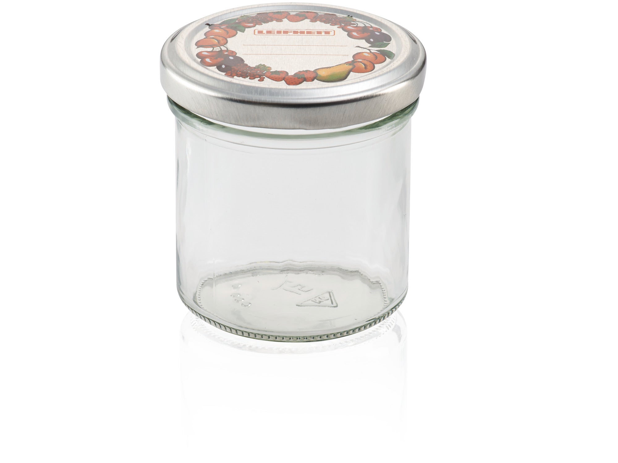Ein transparentes Sturzglas mit einem Fassungsvermögen von 167 ml. Der Deckel ist mit einem bunten Fruchtmotiv verziert. Ideal zum Aufbewahren von Marmeladen oder Konserven.