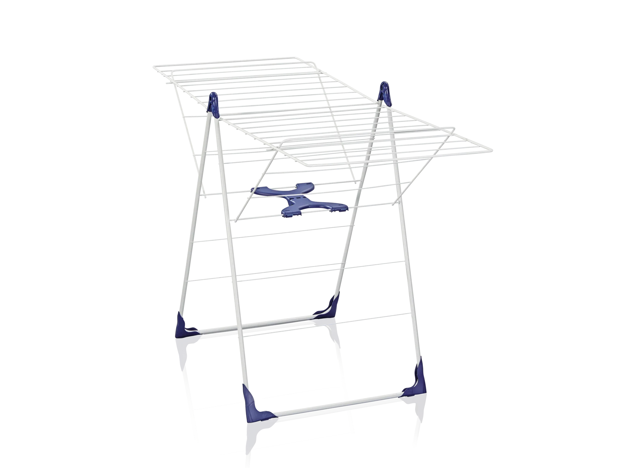 Een witte Classic 200 Flex universele droger met blauwe accenten staat rechtop. Hij biedt veel ruimte voor het drogen van kleding en is ideaal voor gebruik binnenshuis.