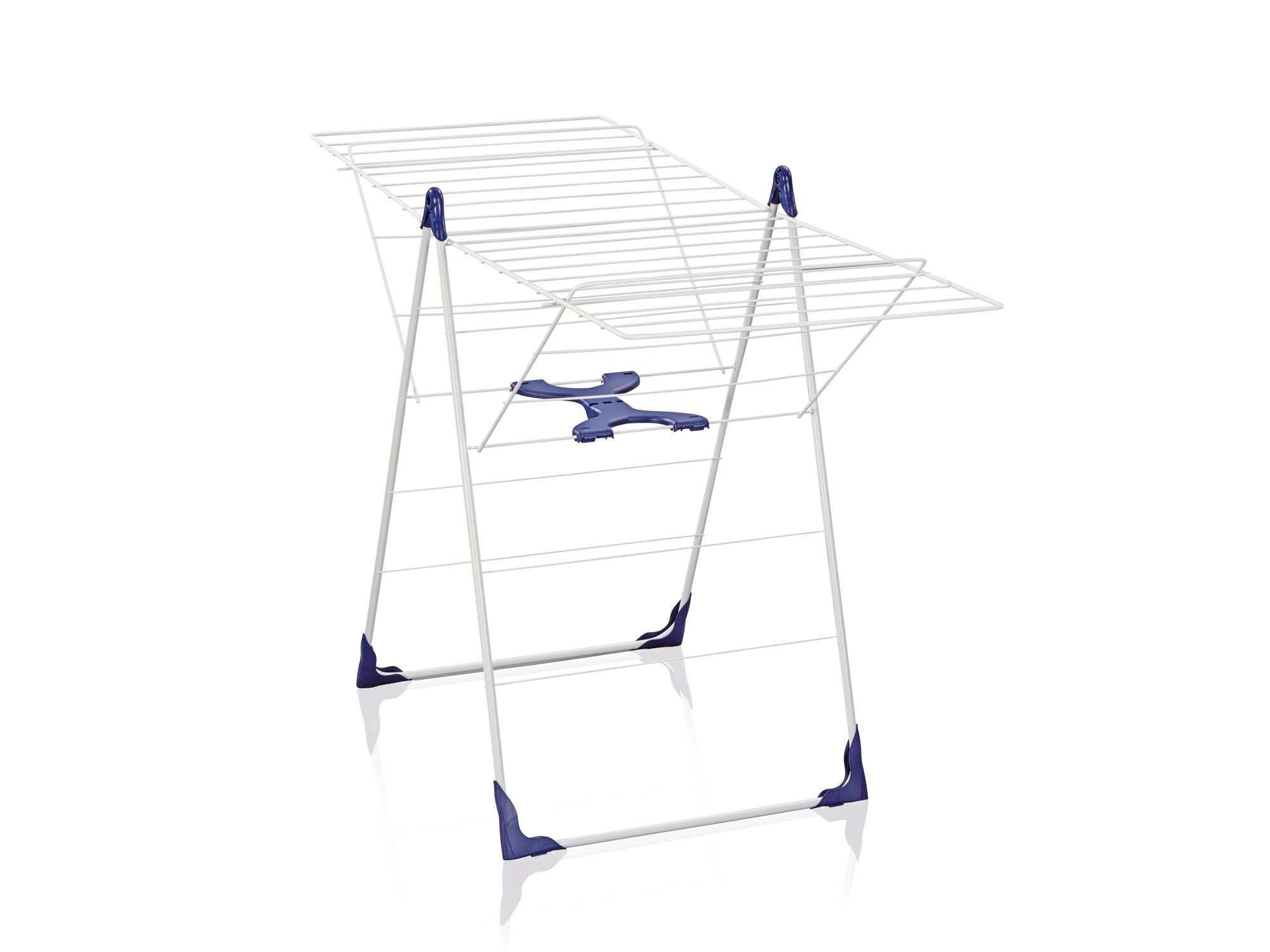 Un séchoir universel blanc Classic 200 Flex avec des accents bleus se tient debout. Il offre beaucoup d'espace pour sécher les vêtements et est idéal pour une utilisation à l'intérieur.