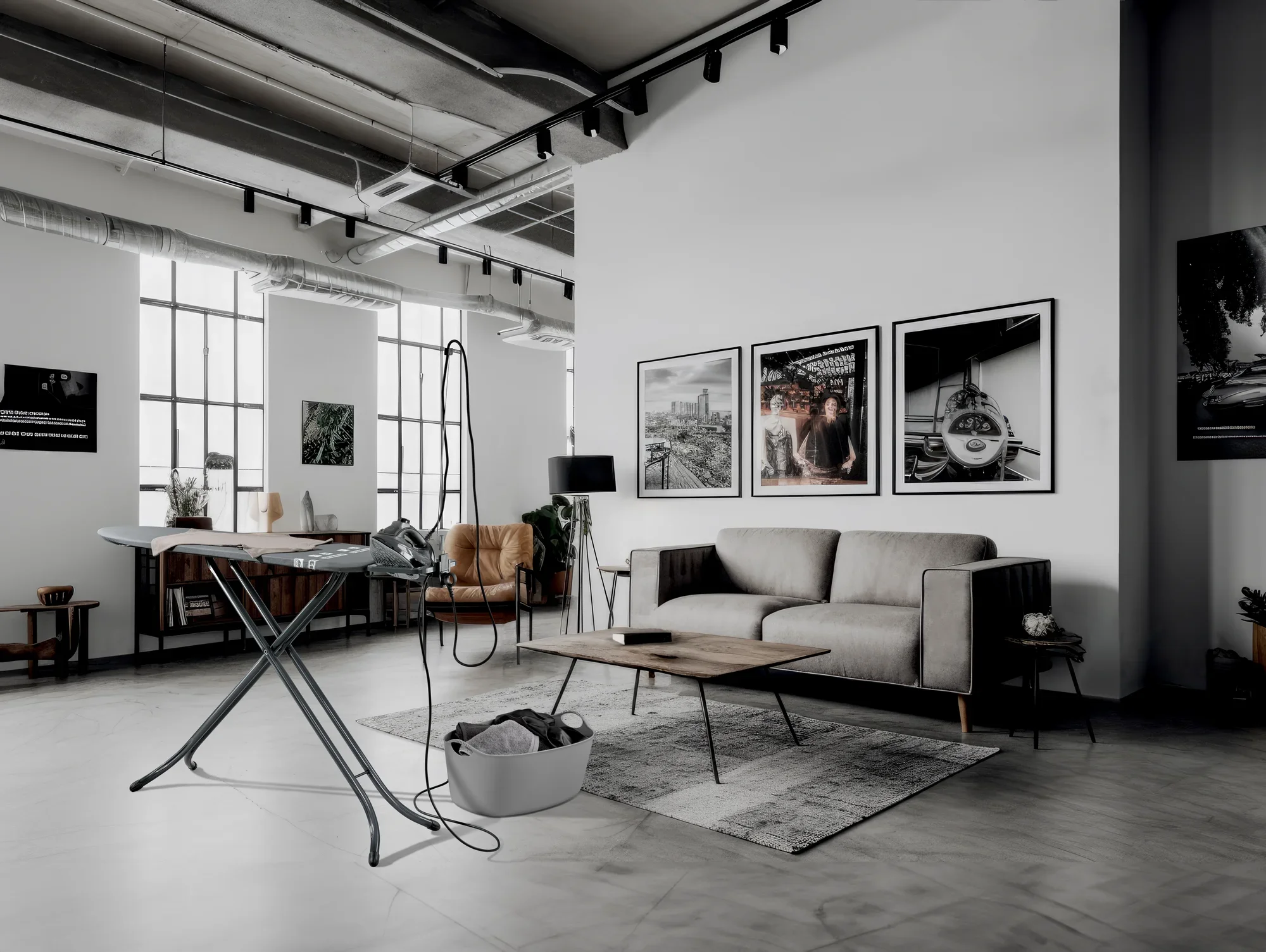 Air Board M Black Plus strijkplank in een moderne woonkamer. De plank staat naast een grijze bank en een salontafel, omringd door stijlvolle posters en grote ramen.