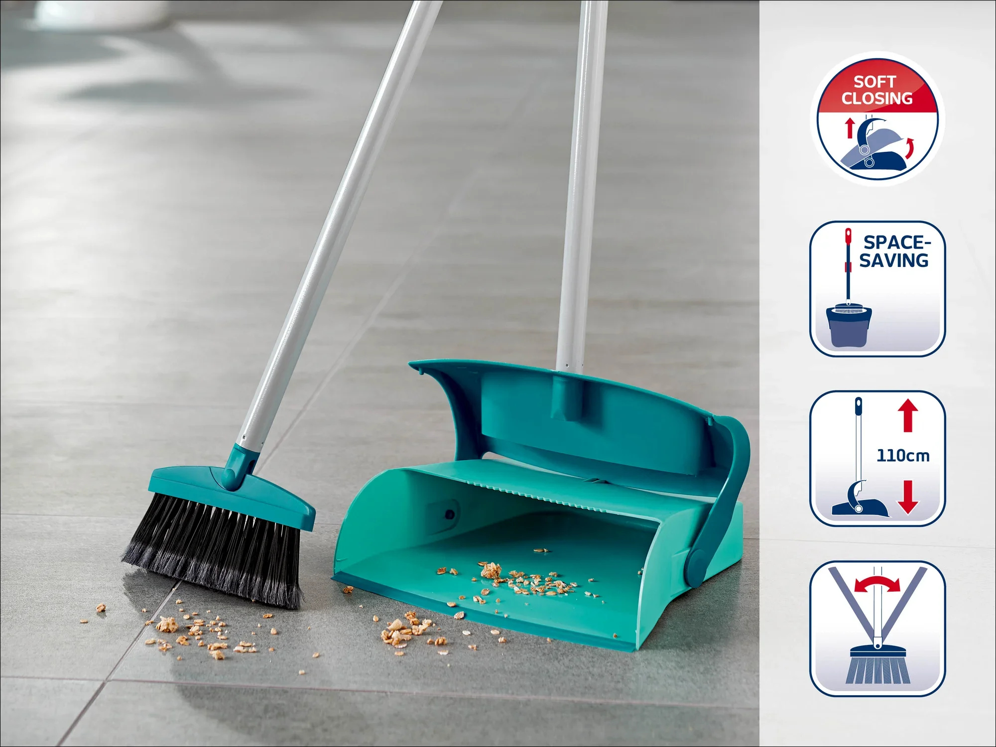 Ein Kehrset mit Besen und Kehrschaufel, ideal für die Reinigung von Böden. Das Set ist platzsparend und verfügt über eine Soft-Closing-Funktion. Perfekt für den täglichen Gebrauch.