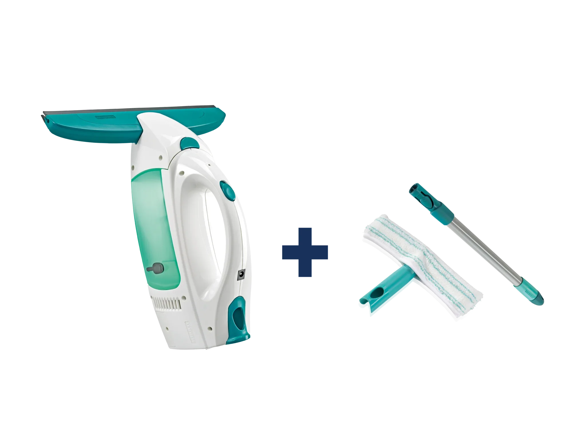 Odkurzacz do okien Dry & Clean z uchwytem i spryskiwaczem. Na zdjęciu elektryczny odkurzacz do okien w kolorze biało-turkusowym, połączony z uchwytem i myjką. Idealny do czyszczenia okien bez smug.