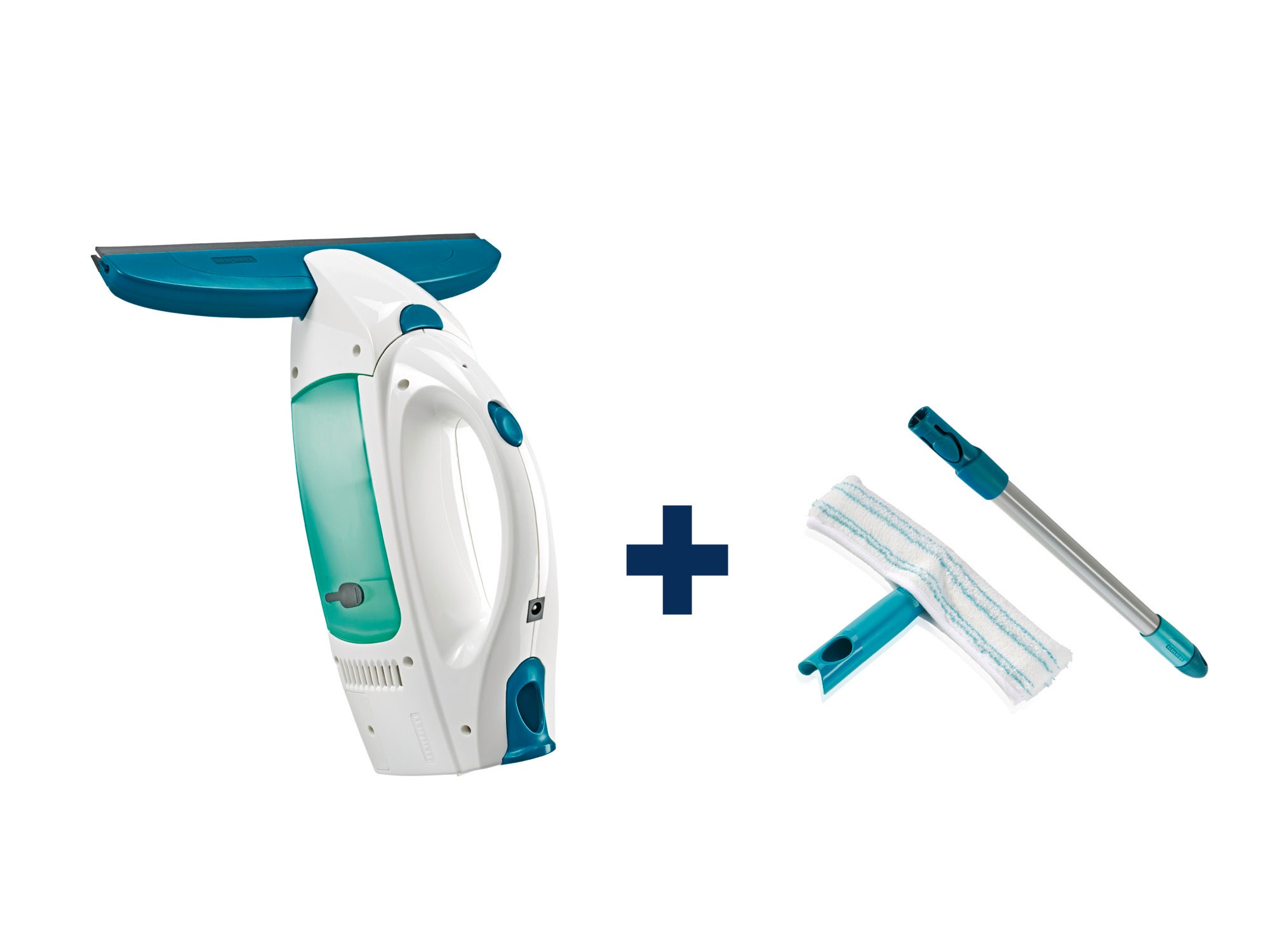 Fenstersauger Dry & Clean mit Stiel und Einwascher. Das Bild zeigt einen elektrischen Fenstersauger in Weiß und Türkis, kombiniert mit einem Stiel und Einwascher. Ideal für streifenfreie Fensterreinigung.