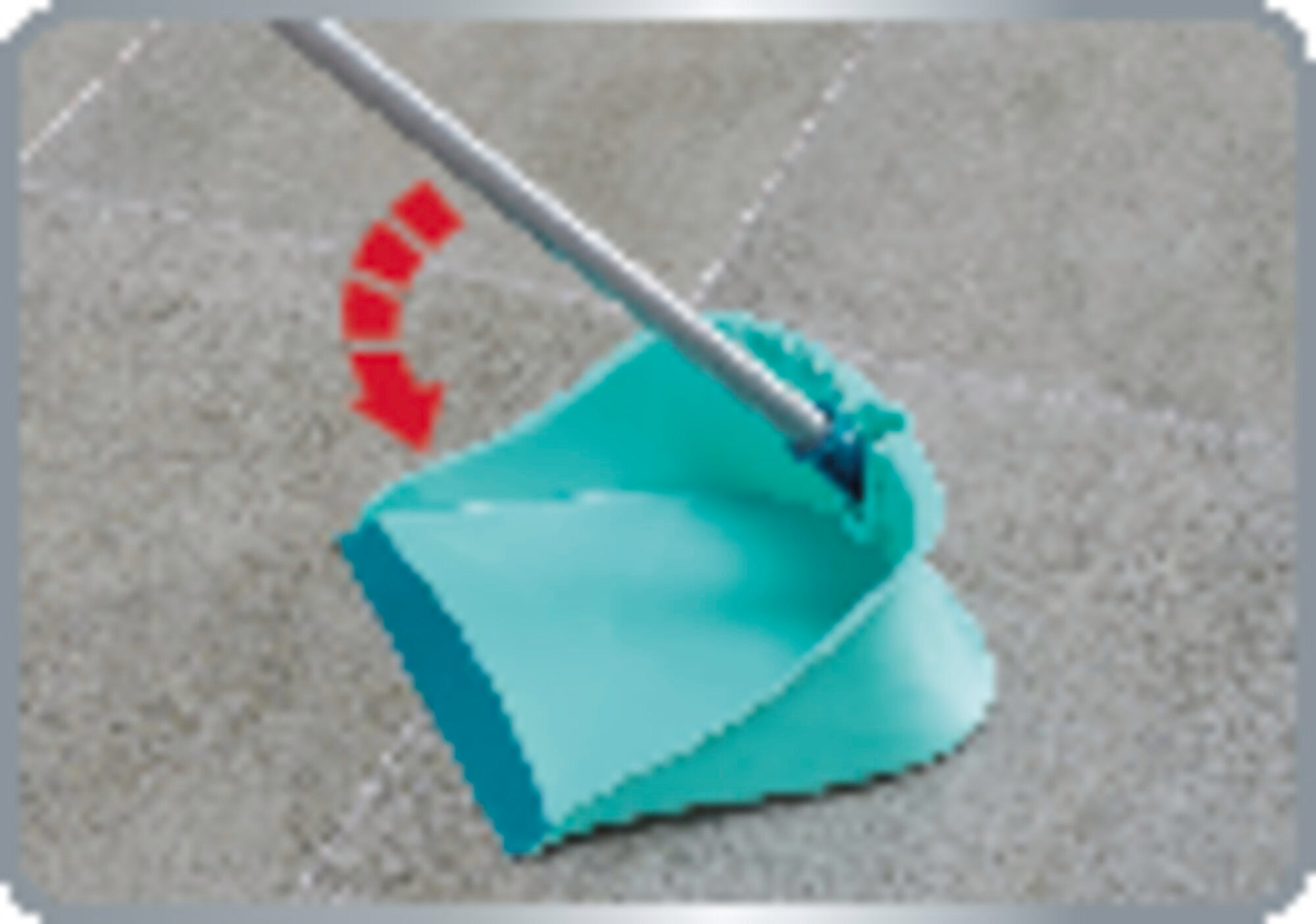 Klassieke veegset in gebruik op een grijze vloer. De blauwe stoffer met lange steel wordt gekanteld om vuil op te nemen. Een rode pijl geeft de kantelbeweging aan.