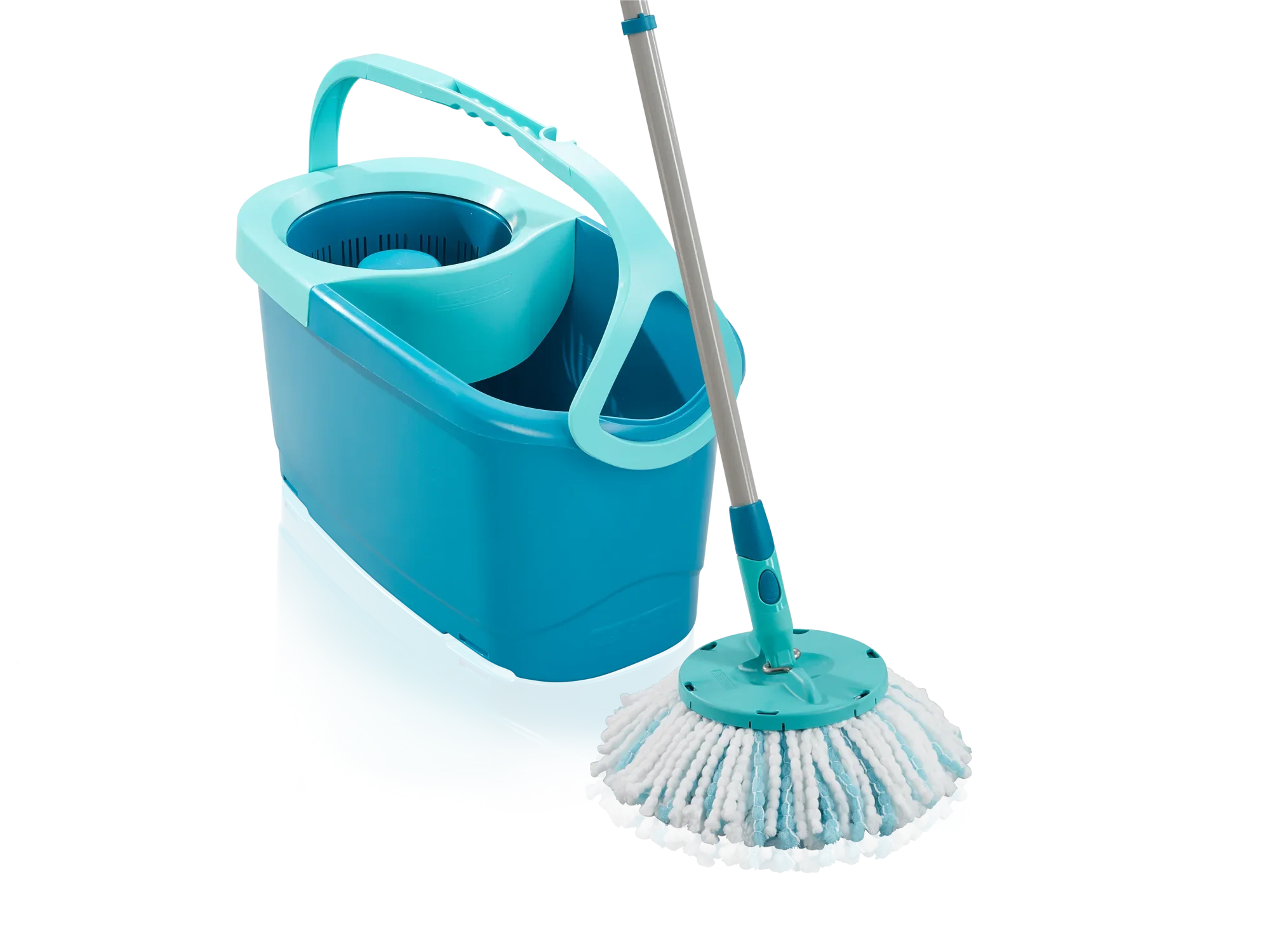 Ein türkisfarbener CLEAN TWIST Disc Mop Ergo mit Eimer. Der Mop hat einen runden Kopf und einen ergonomischen Griff, ideal für effizientes Reinigen von Böden.