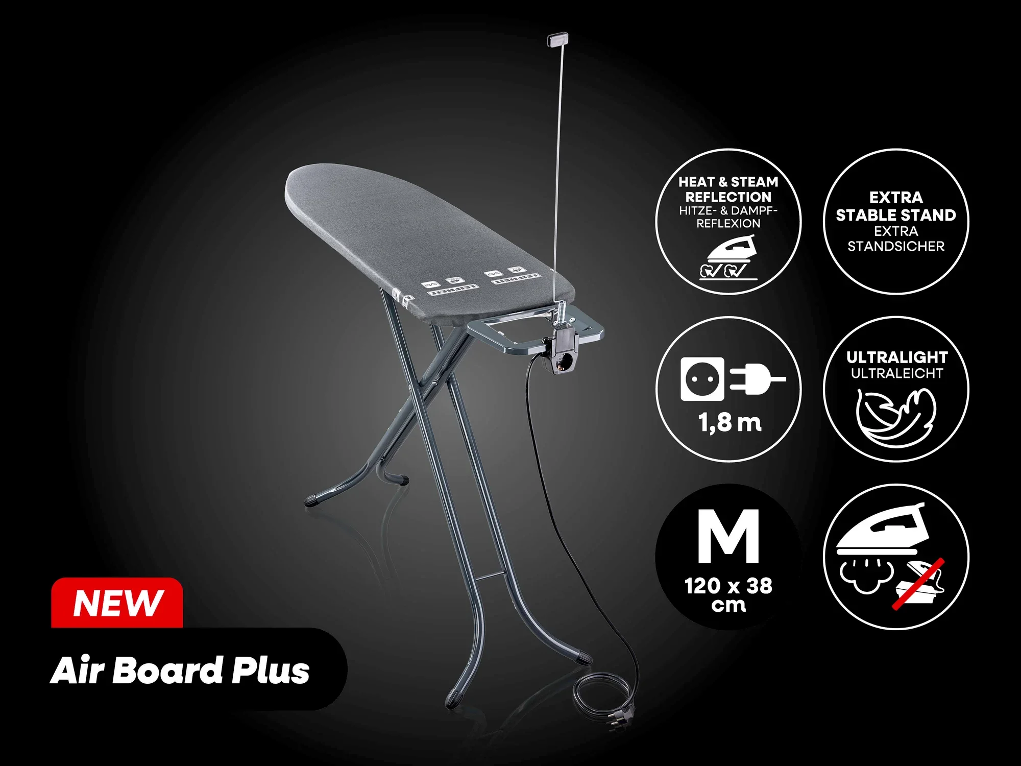 Bügeltisch Air Board Plus von Leifheit in Schwarz. Der Tisch ist ultraleicht, hat eine Größe von 120 x 38 cm und bietet eine stabile Standfläche. Ideal für effizientes Bügeln.