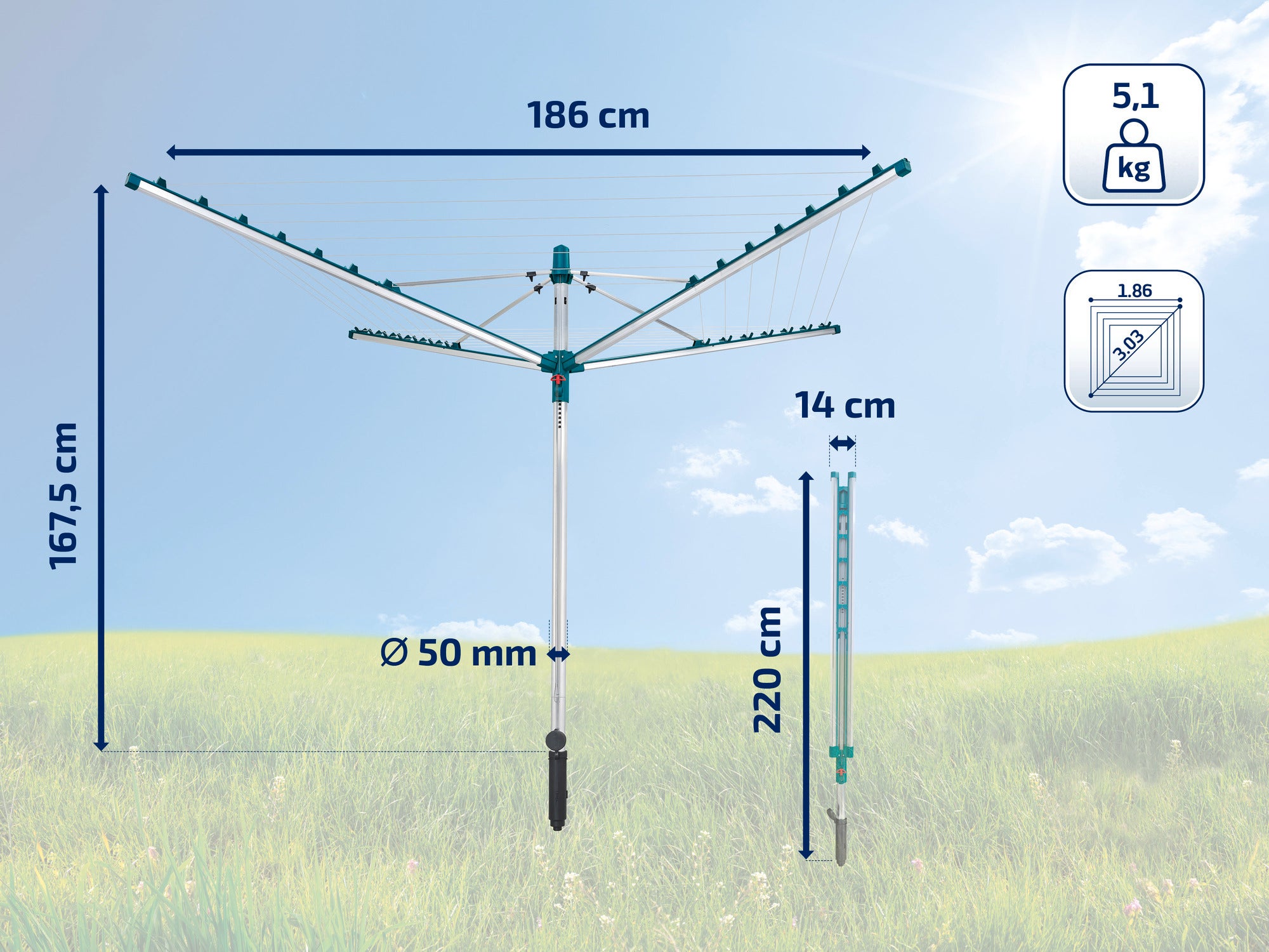 Eine Wäschespinne mit einer Spannweite von 186 cm und einer Höhe von 167,5 cm. Sie wiegt 5,1 kg und hat einen Durchmesser von 50 mm. Ideal für den Garten.