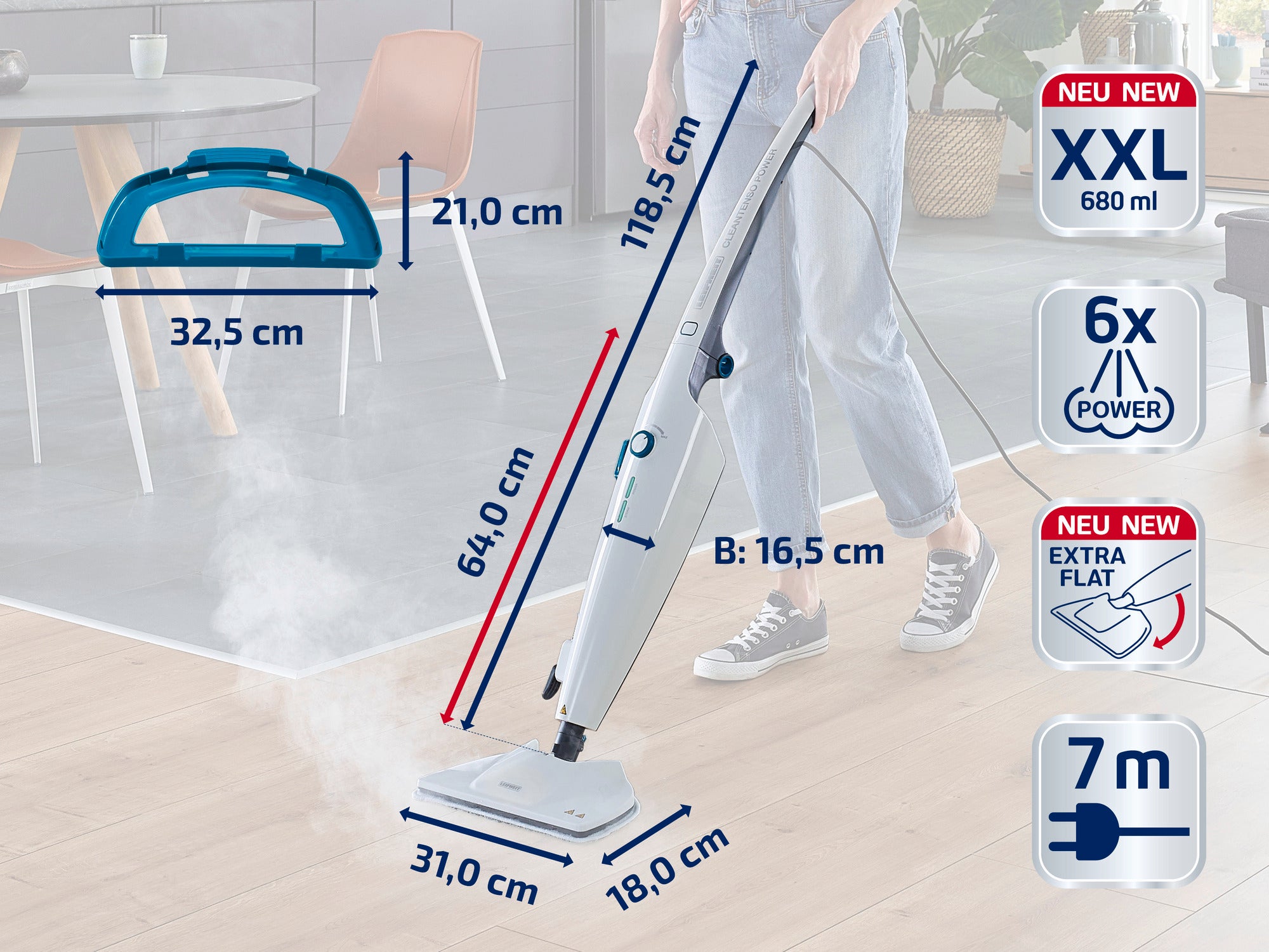 Dampfreiniger mit XXL-Wassertank und 6-facher Leistung. Extra flaches Design für einfache Reinigung unter Möbeln. Kabellänge von 7 m für große Reichweite. Ideal für Hartböden.