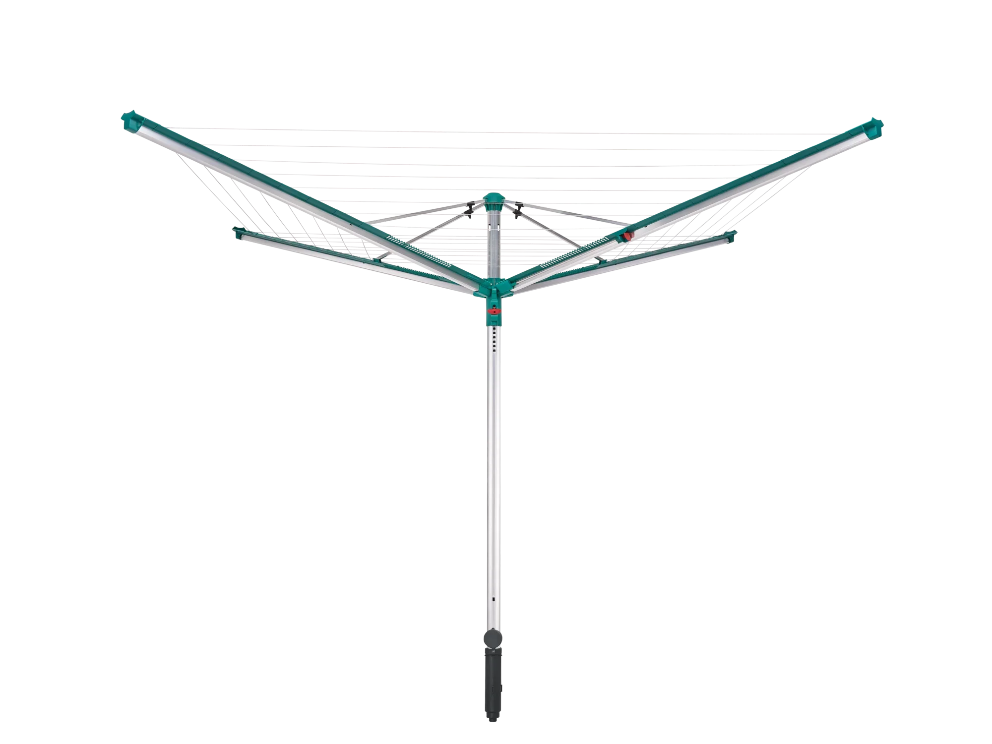 Wäschespinne Linomatic 500 Deluxe von Leifheit in geöffnetem Zustand. Robuste Konstruktion mit mehreren Leinenarmen, ideal zum Trocknen großer Wäschemengen im Freien.