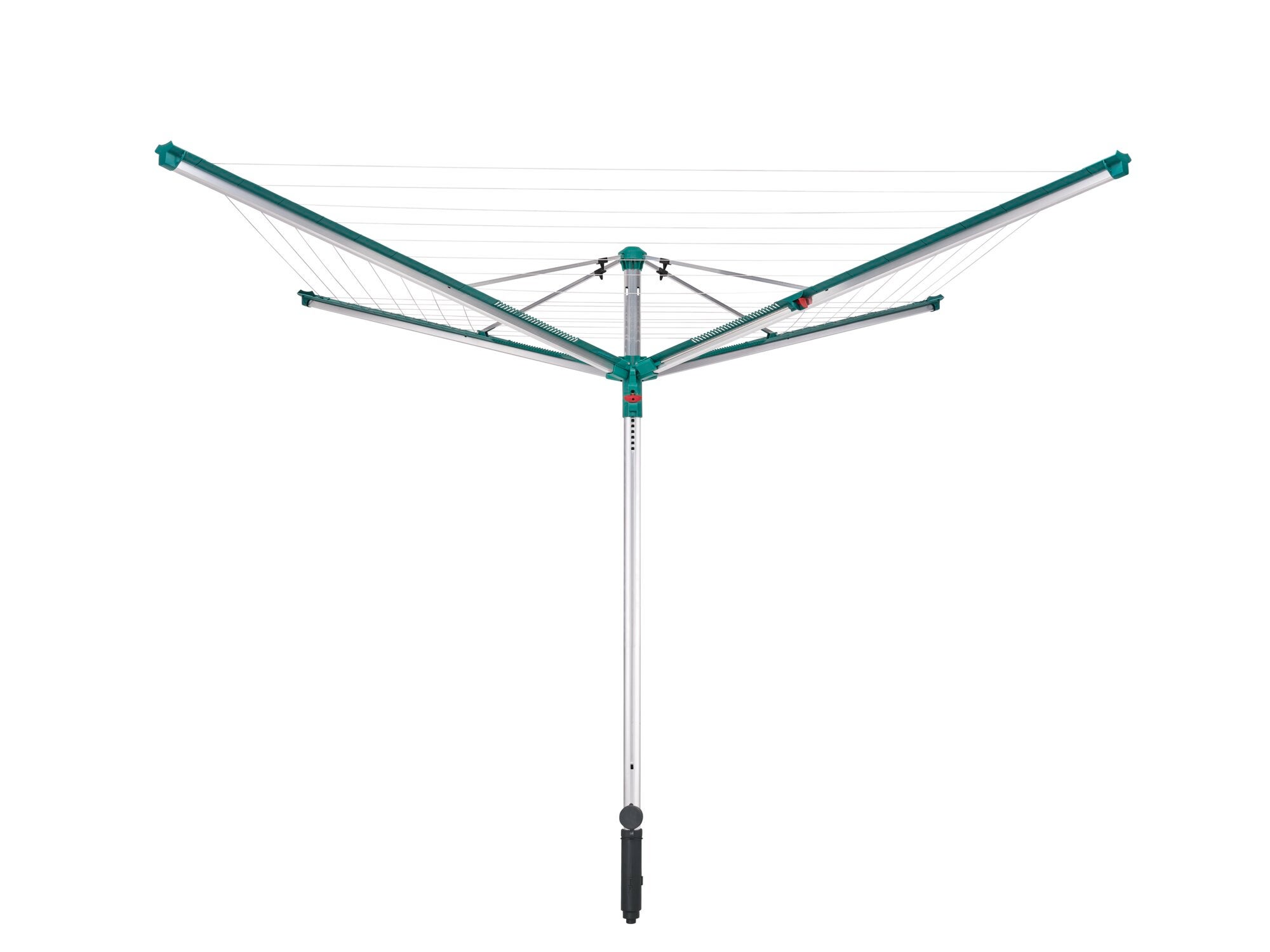 Wäschespinne Linomatic 500 Deluxe von Leifheit in geöffnetem Zustand. Robuste Konstruktion mit mehreren Leinenarmen, ideal zum Trocknen großer Wäschemengen im Freien.