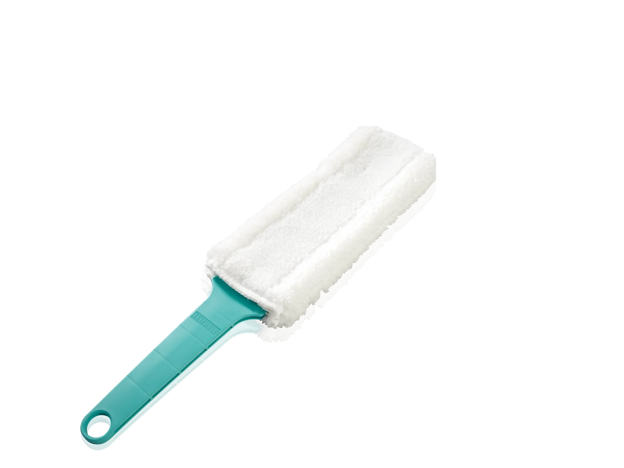 Een handstofmop met een platte, rechthoekige kop en een turkoois gekleurde steel. Ideaal om stof te verwijderen van gladde oppervlakken. Perfect voor dagelijks huishoudelijk gebruik.