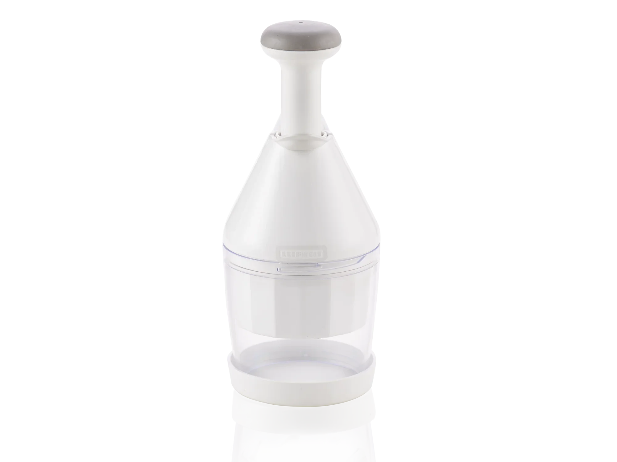 Zwiebel- und Gemüsehacker: Ein weißer, ergonomisch gestalteter Küchenhelfer zum schnellen Zerkleinern von Zwiebeln und Gemüse. Ideal für die einfache und effiziente Zubereitung von Speisen.