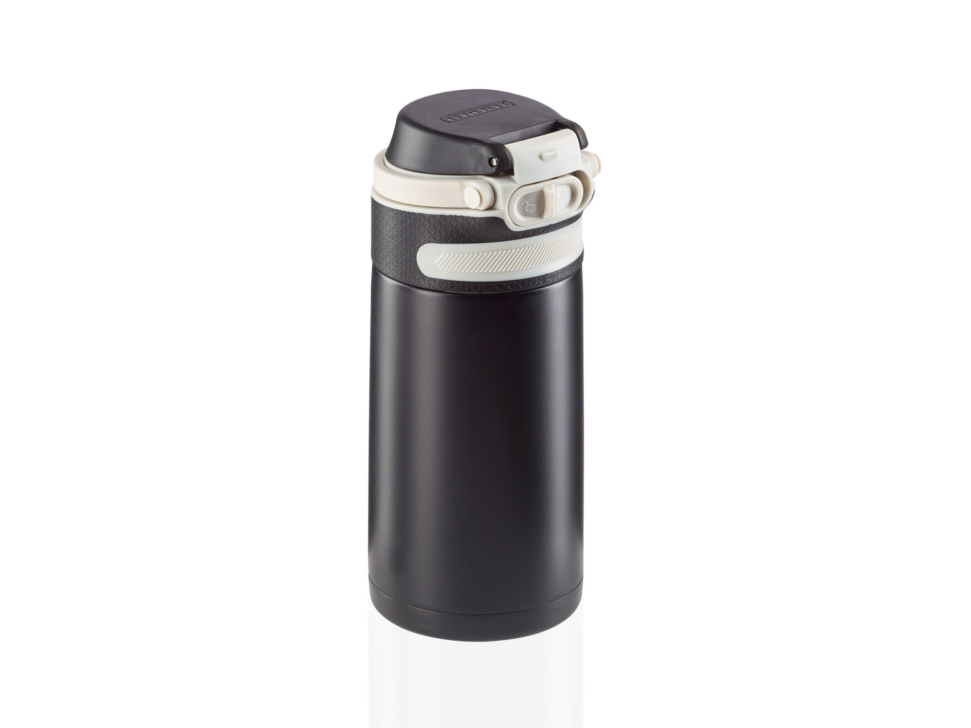 Isolierbecher Flip 350ml in Schwarz. Der Becher hat einen sicheren Verschluss und ist ideal für unterwegs. Perfekt für heiße oder kalte Getränke.