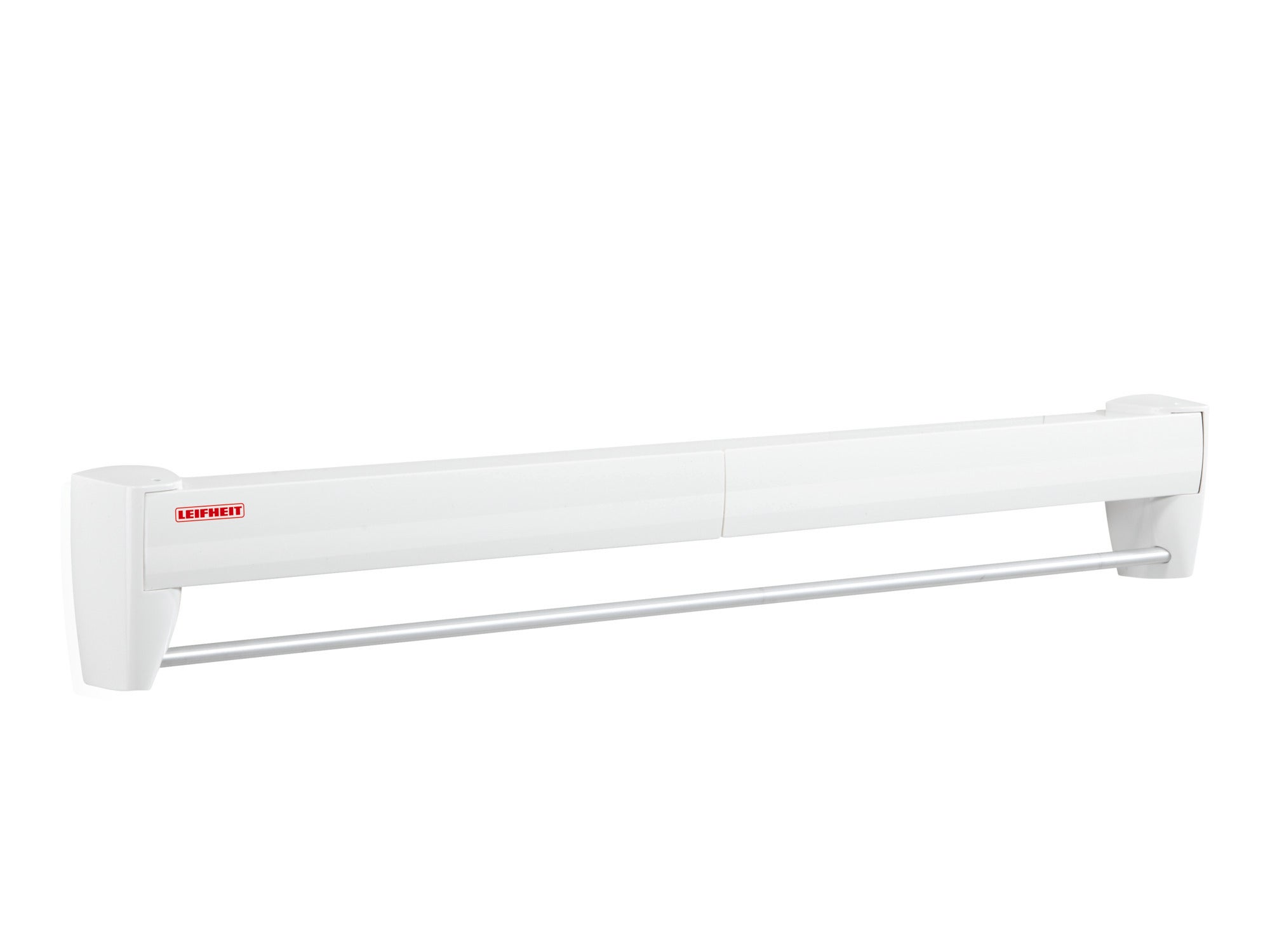 Ein weißer Wandtrockner, Modell Telegant 36 Protect Plus, montiert an einer Wand. Er verfügt über ausziehbare Stangen zum Trocknen von Kleidung und Handtüchern. Ideal für kleine Räume.