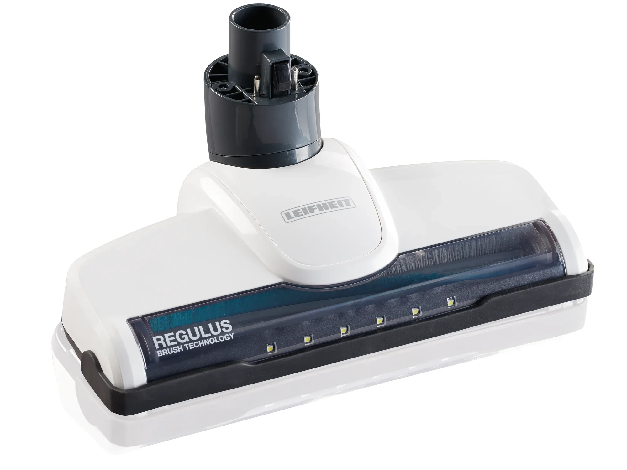 Ssawka podłogowa Regulus PowerVac 2w1 w kolorze białym z czarnym złączem. Dysza jest wyposażona w innowacyjną technologię szczotek, która umożliwia wydajne czyszczenie.