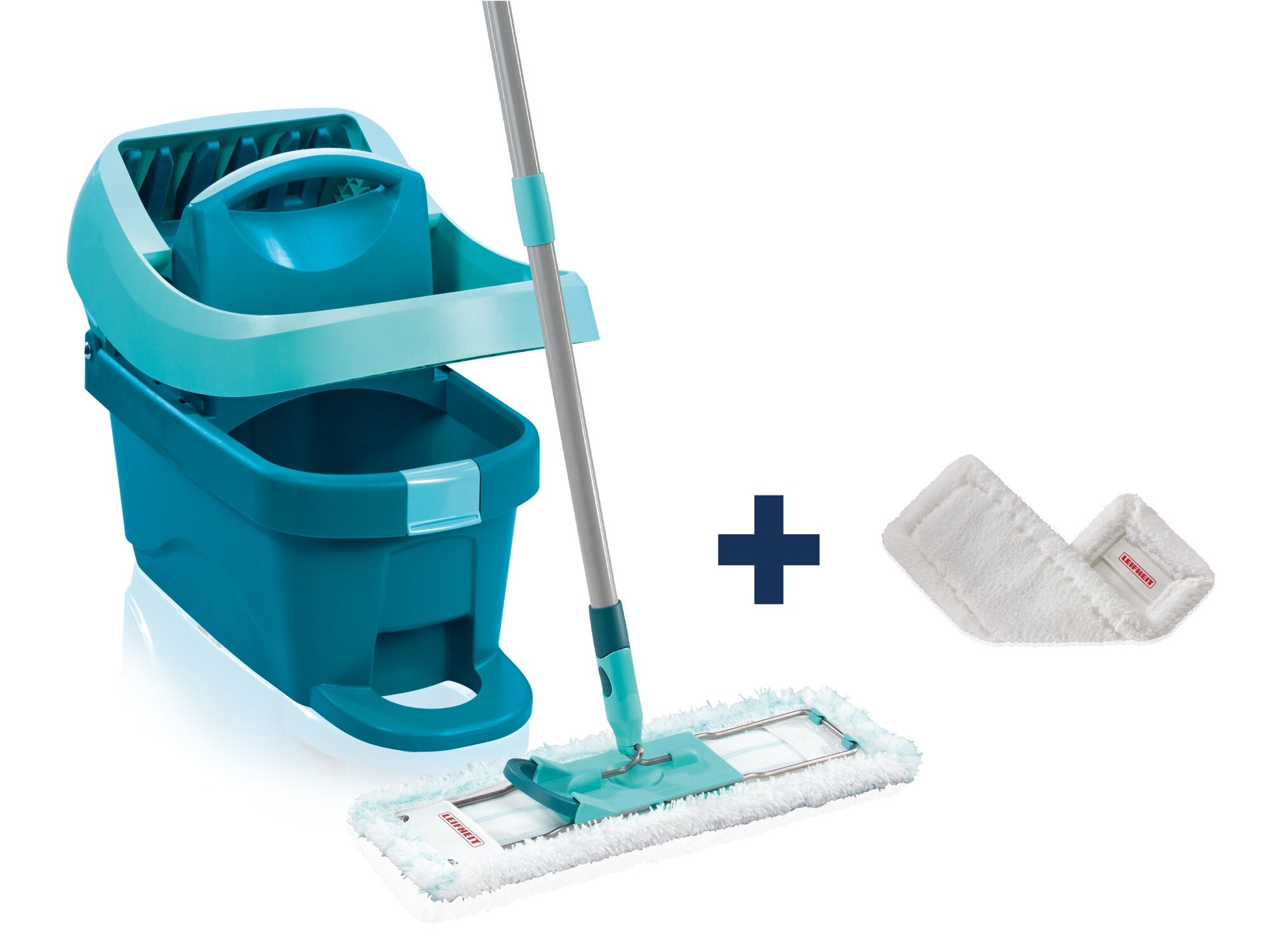 Leifheit Set Wischtuchpresse Profi XL mobile mit Bodenwischer und Staubbezug in Türkis, mit Eimer, Schleuderaufsatz, Stiel und breit aufliegendem Wischbezug sowie zusätzlichem Ersatzbezug.