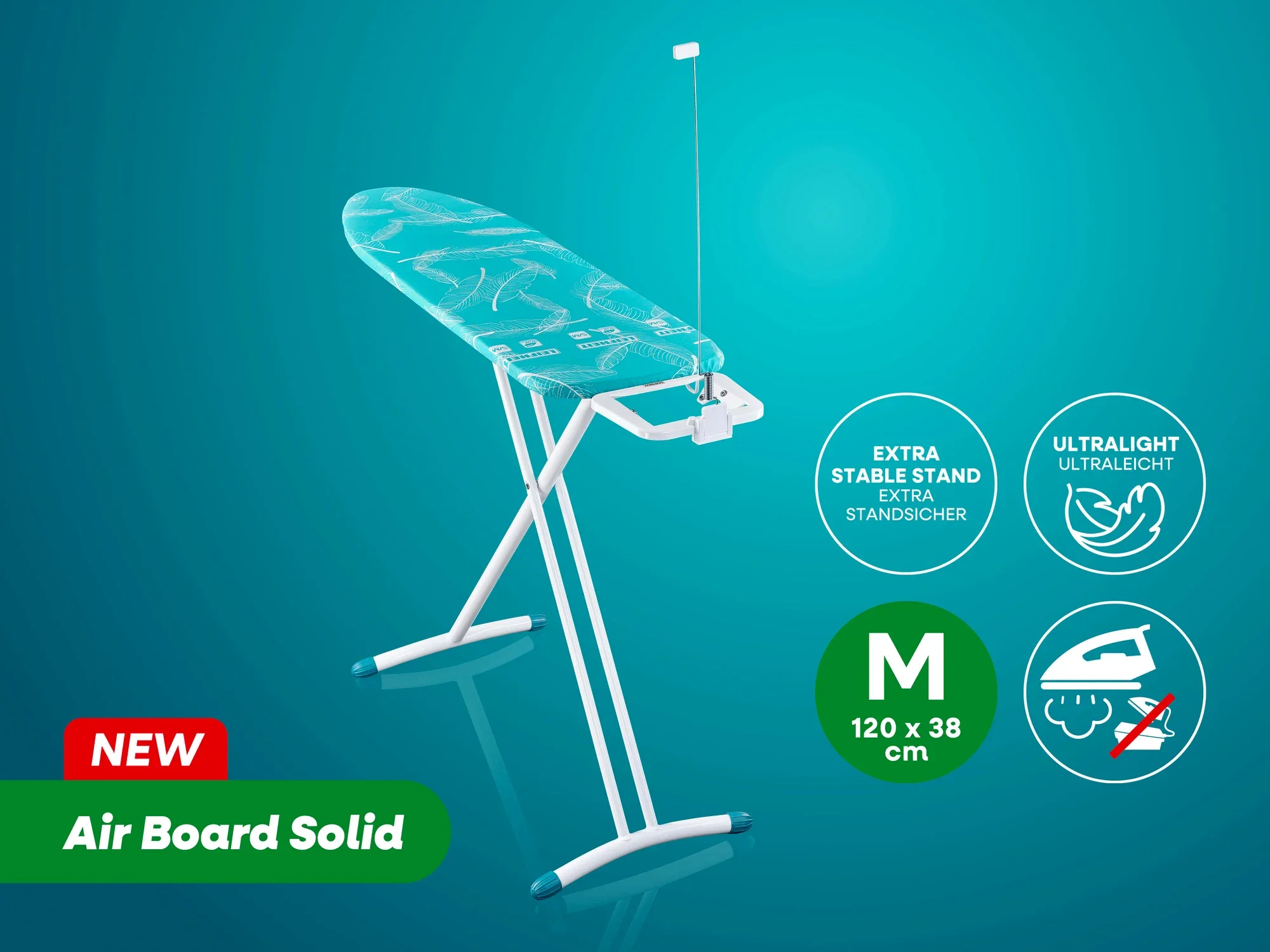 Bügeltisch Air Board Solid von Leifheit in der Größe M, 120 x 38 cm. Der Tisch ist ultraleicht und verfügt über einen extra stabilen Stand. Ideal für effizientes Bügeln.