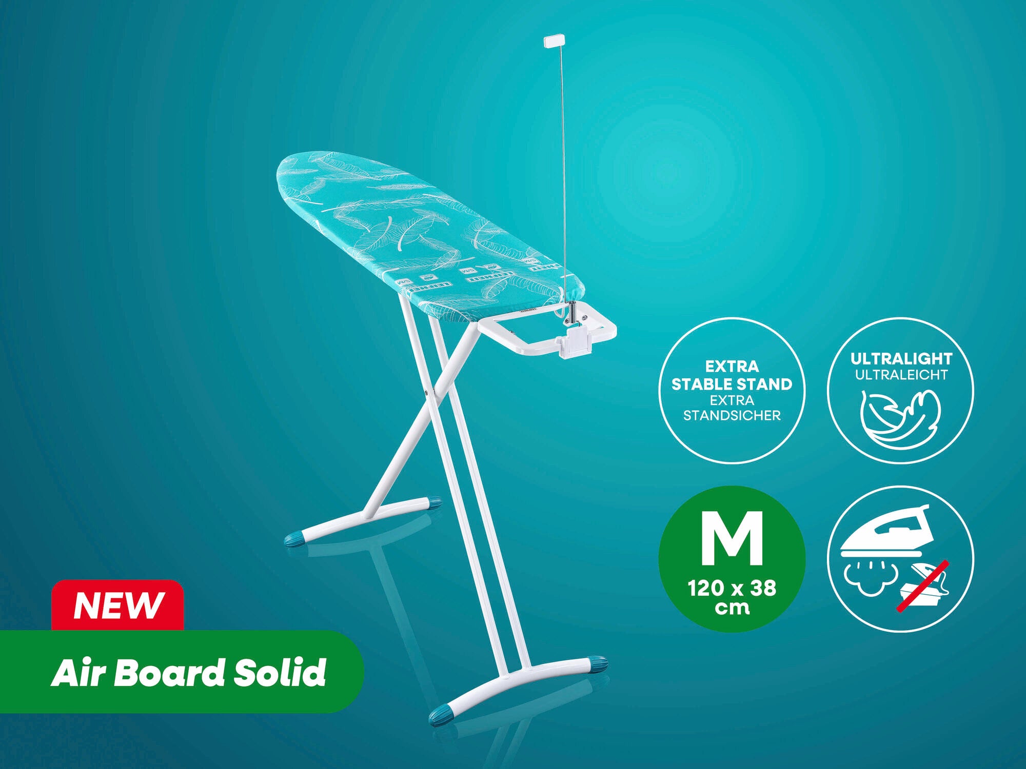 Bügeltisch Air Board Solid von Leifheit in der Größe M, 120 x 38 cm. Der Tisch ist ultraleicht und verfügt über einen extra stabilen Stand. Ideal für effizientes Bügeln.