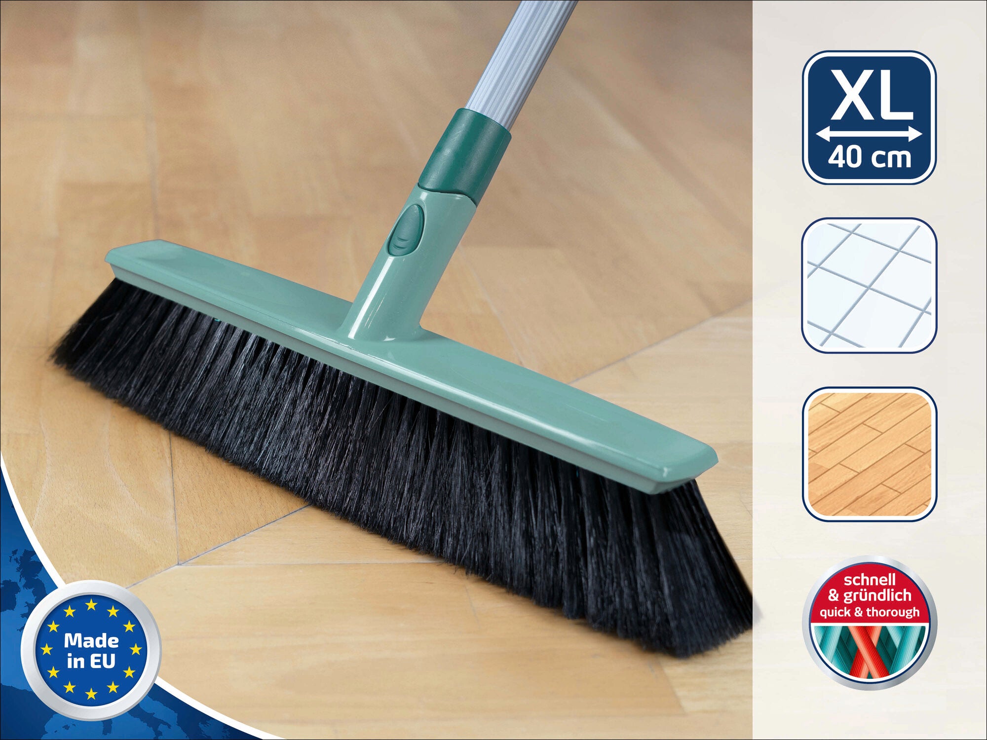 Leifheit Allround Besen mit 40 cm Breite, ideal für verschiedene Bodenarten. Der Besen ist in der EU hergestellt und bietet eine schnelle und gründliche Reinigung.