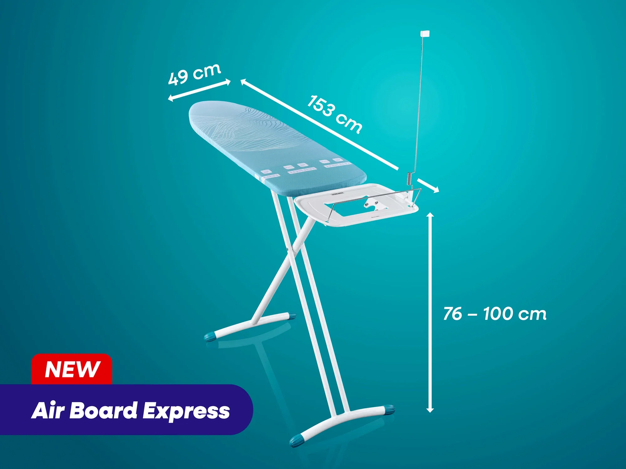 Bügeltisch von Leifheit mit dem Namen Air Board Express. Der Tisch ist 49 cm breit und 163 cm lang, höhenverstellbar von 76 bis 100 cm. Ideal für komfortables Bügeln.