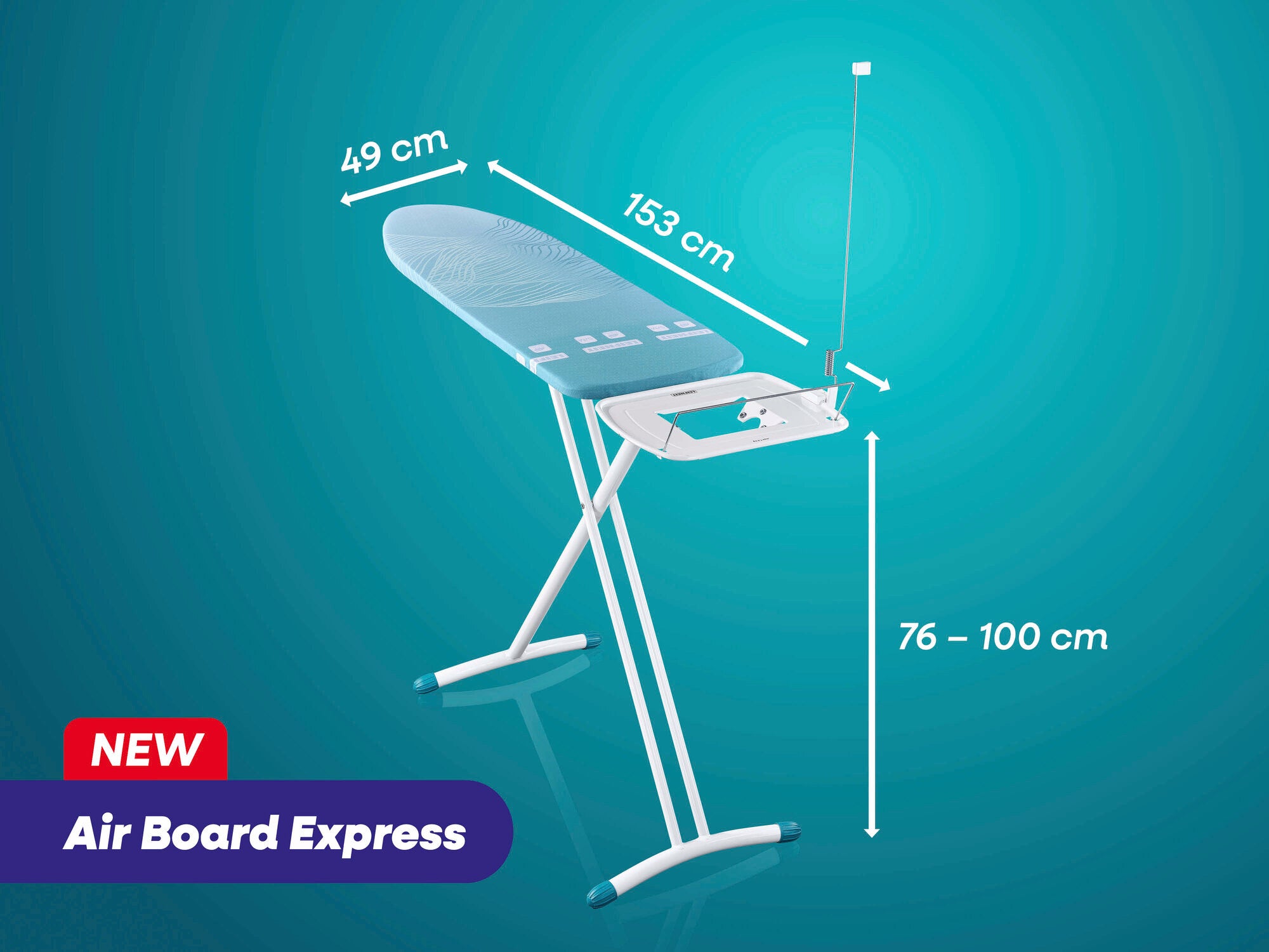Bügeltisch von Leifheit mit dem Namen Air Board Express. Der Tisch ist 49 cm breit und 163 cm lang, höhenverstellbar von 76 bis 100 cm. Ideal für komfortables Bügeln.