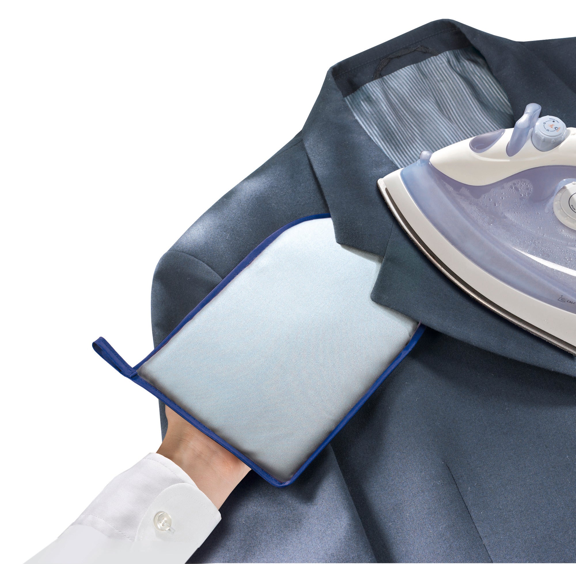 Ironing glove in use: A person uses an ironing glove to iron the collar of a suit. The glove protects the hand from heat and makes it easier to iron hard-to-reach areas.