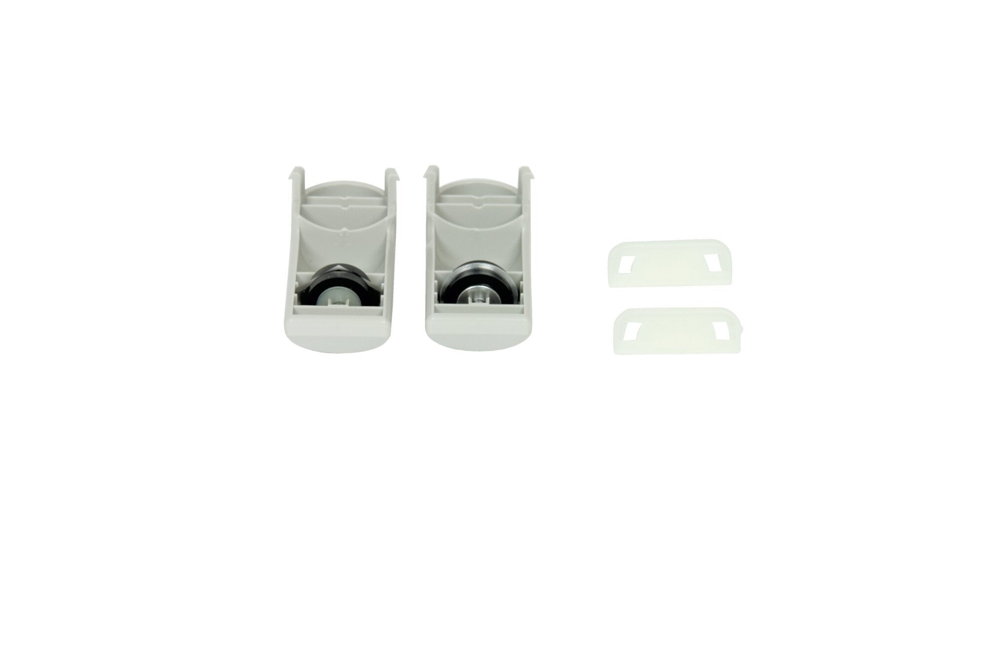 Schneidschieberset mit Rollenhalter Parat Plus: Zwei graue Schneidschieber mit Rollen und zwei weiße Halterungen. Ideal für präzises Schneiden und einfache Handhabung.