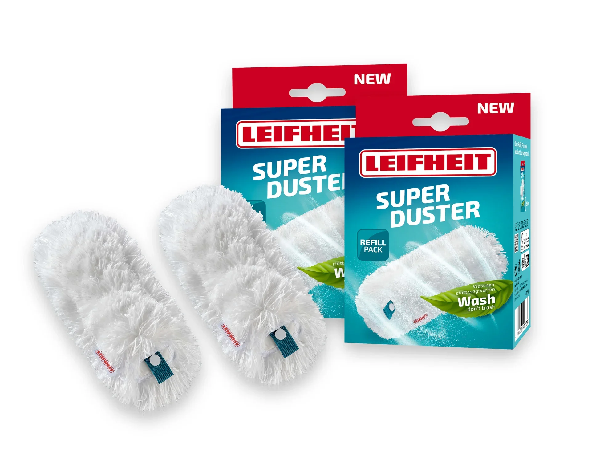 Leifheit Super Duster Staubbezug im 2er-Pack. Zwei weiße, flauschige Staubbezüge vor zwei Verpackungen mit der Aufschrift "Leifheit Super Duster". Ideal zum Staubwischen.