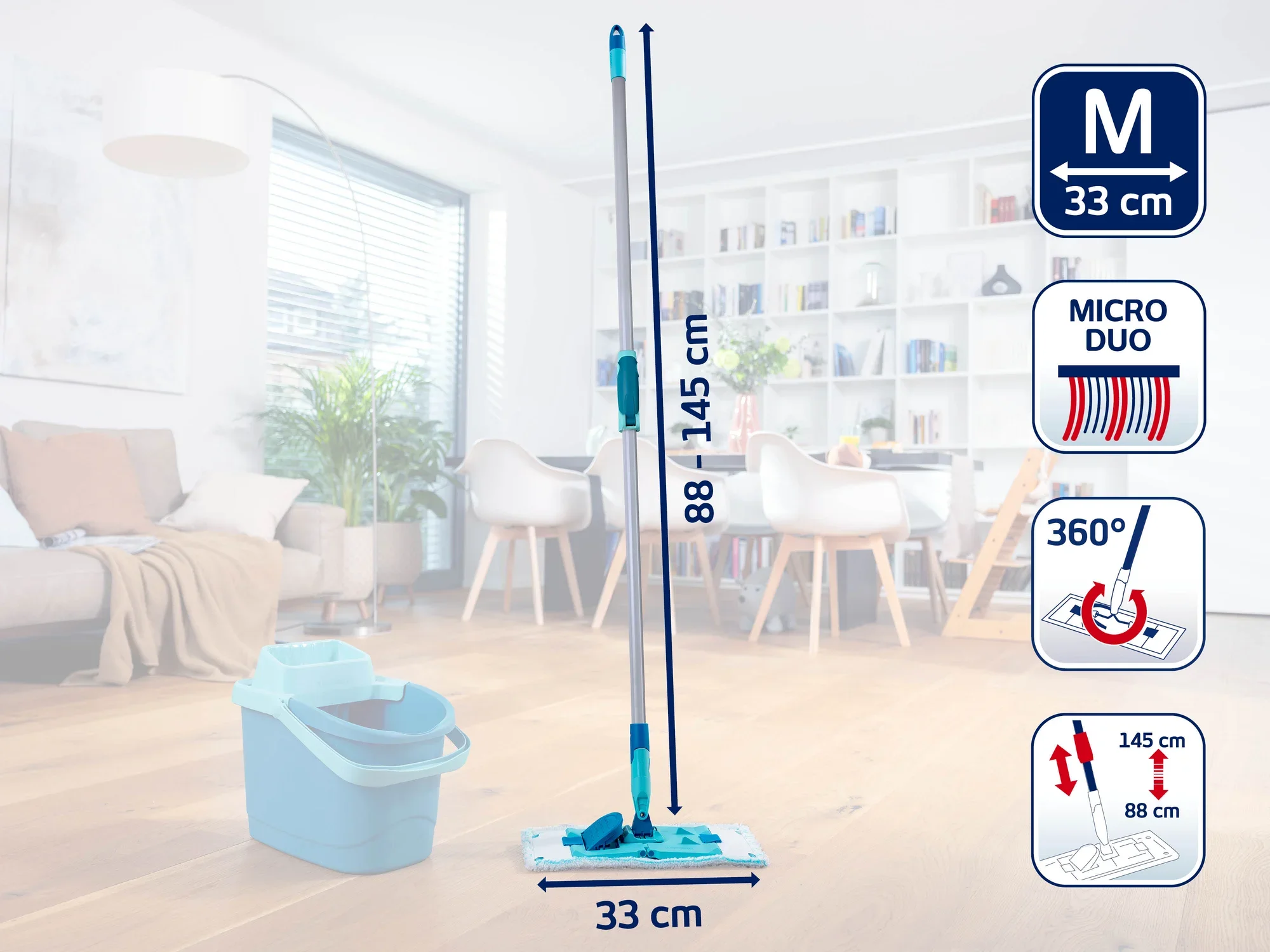 Un balai à franges avec un manche réglable de 88 à 145 cm et une tête de 33 cm de large. Comprend un seau et offre une rotation à 360 degrés pour un nettoyage efficace. Idéal pour une utilisation dans les pièces à vivre modernes.
