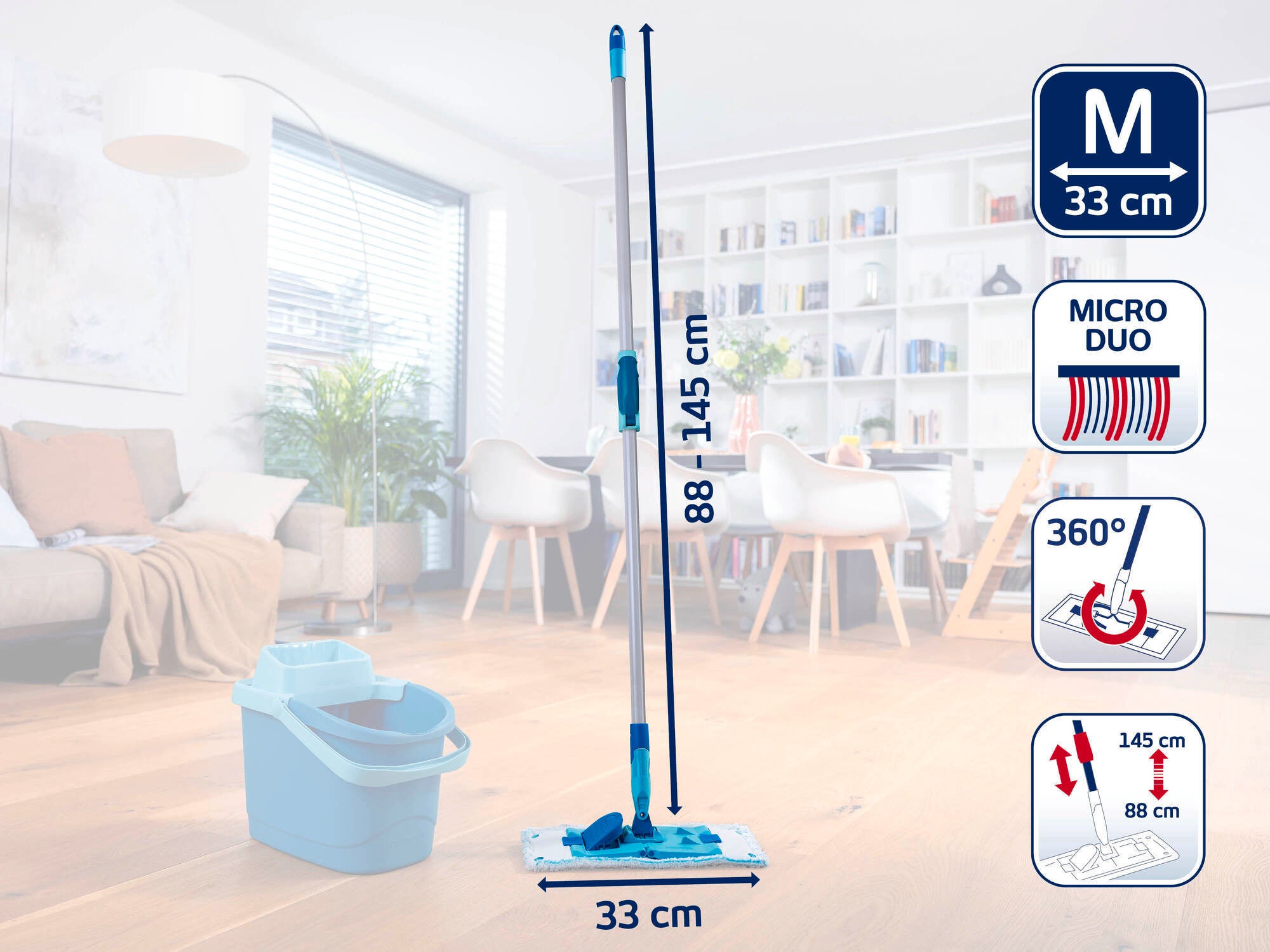 A floor mop with an adjustable handle from 88 to 145 cm and a 33 cm wide mop head. Includes a bucket and offers 360-degree rotation for efficient cleaning. Ideal for use in modern living spaces.