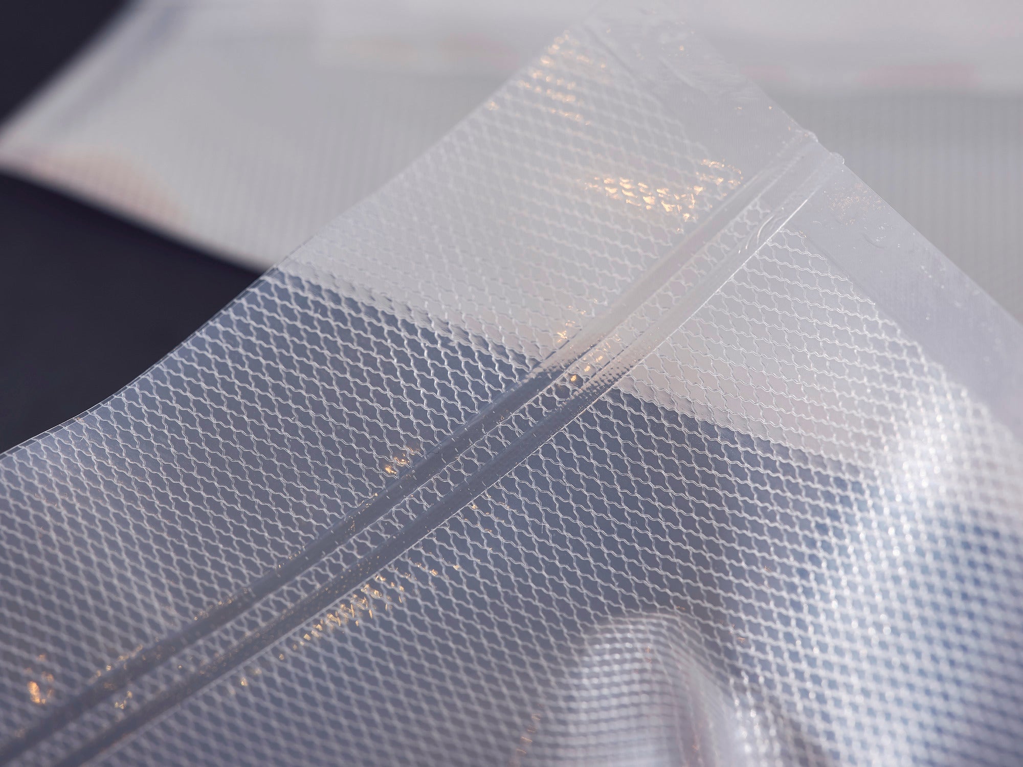Vakuum-Beutel 20x30cm: Nahaufnahme eines transparenten, strukturierten Vakuumbeutels. Ideal zur sicheren Aufbewahrung von Lebensmitteln und zum Schutz vor Feuchtigkeit.