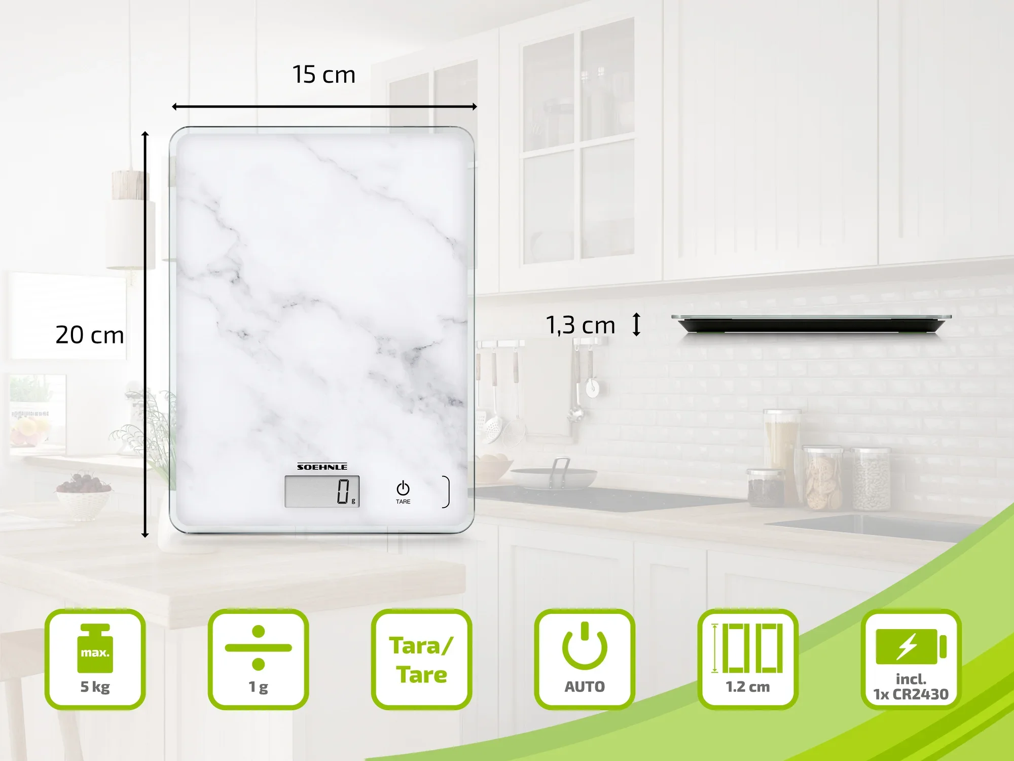 Kitchen scales with marble design, 20x15 cm, 1.3 cm thick. Maximum load capacity 5 kg, accuracy 1 g. Functions: tare, auto-off. Includes CR2032 battery. Ideal for precise weighing.