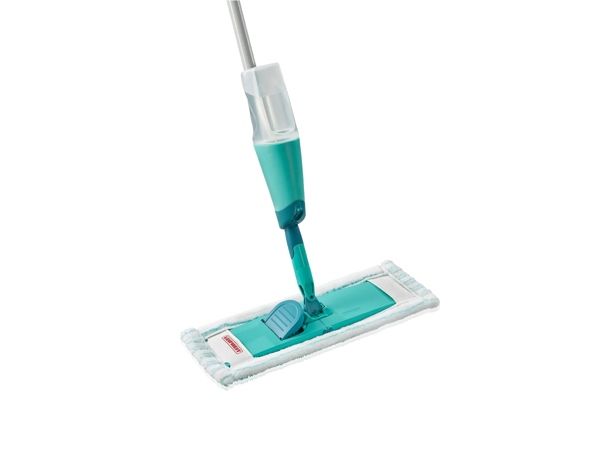 Ein Leifheit Sprühwischer Easy Spray XL mit einem breiten Wischkopf und integriertem Sprühsystem. Ideal für die schnelle Reinigung von Böden ohne Eimer. Der Wischer hat ein türkisfarbenes Design und einen ergonomischen Griff für komfortable Handhabung.