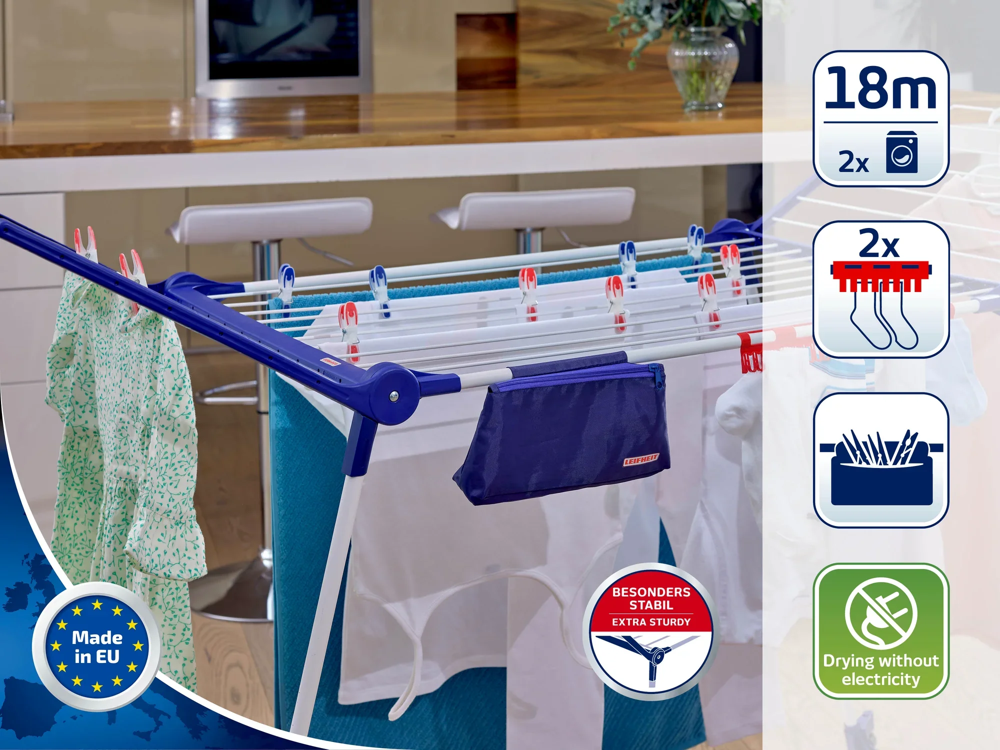 Solidna suszarka wolnostojąca o długości suszenia 18 metrów, idealna do użytku w pomieszczeniach. Zawiera dwa uchwyty na drobne części i jest wyjątkowo stabilna. Wyprodukowana w UE.