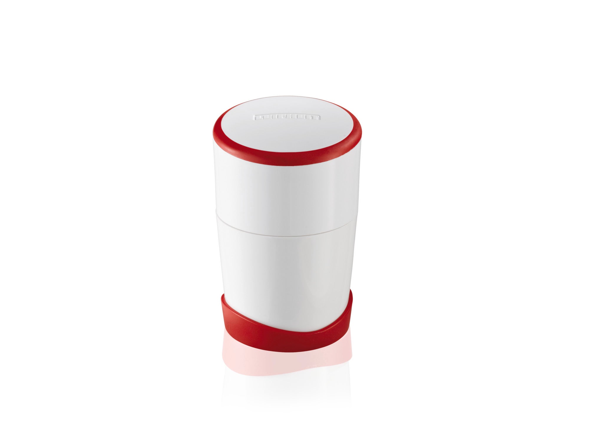 A modern garlic cutter in a cylindrical shape with a white body and red accents. Ideal for quickly and easily chopping garlic cloves in the kitchen.
