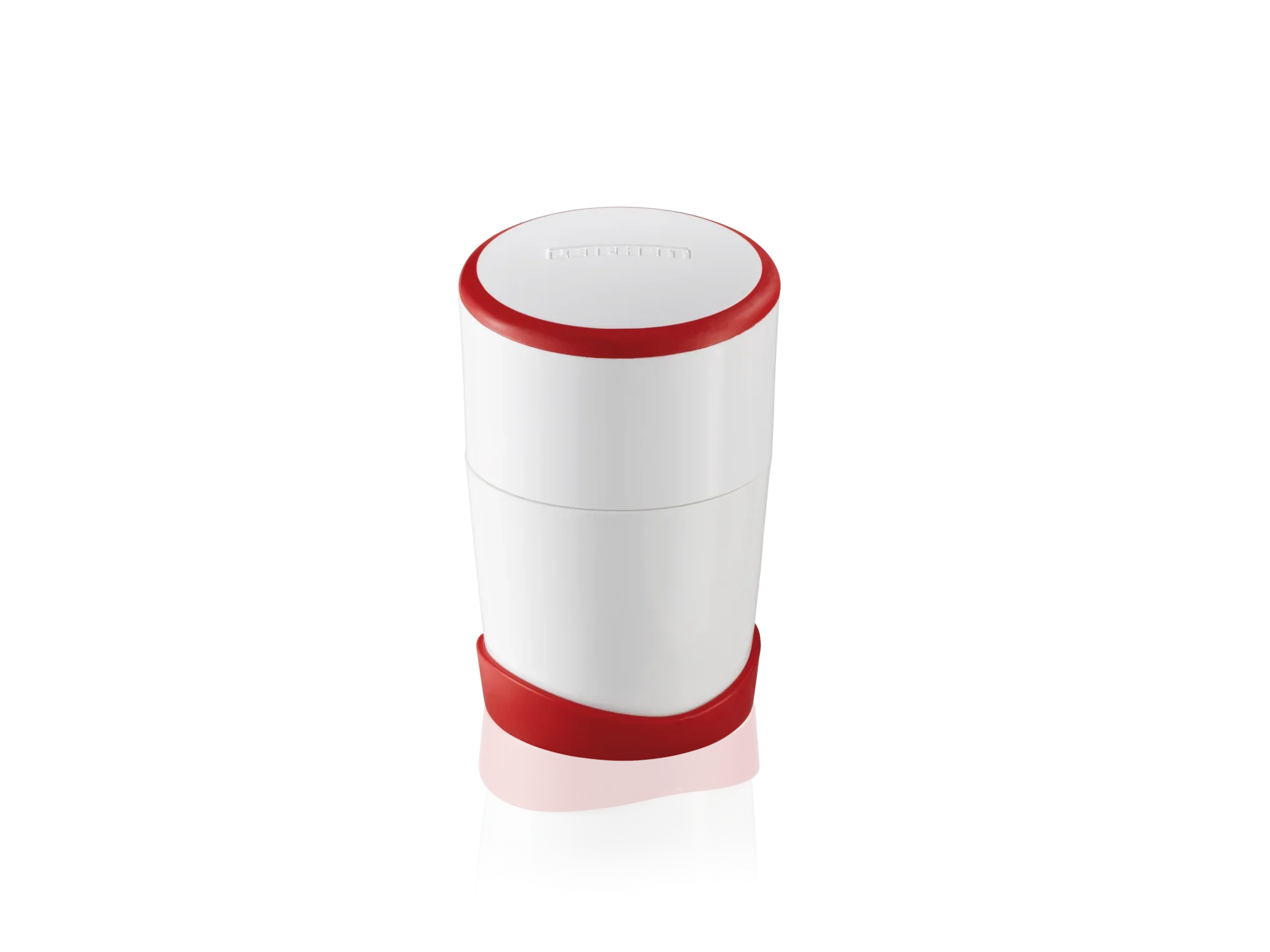 Een moderne knoflooksnijder in een cilindrische vorm met een witte behuizing en rode accenten. Ideaal om snel en gemakkelijk knoflookteentjes te hakken in de keuken.