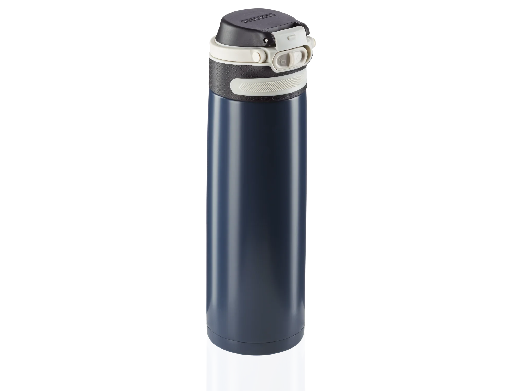 Flip vacuümmok 600 ml in donkerblauw. De mok heeft een veilige sluiting en is ideaal voor onderweg. Perfect voor warme of koude dranken.