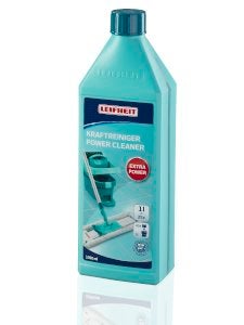 Eine tuerkisfarbene Flasche Leifheit Kraftreiniger mit Etikett, das einen Wischmopp zeigt und "Extra Power" betont.