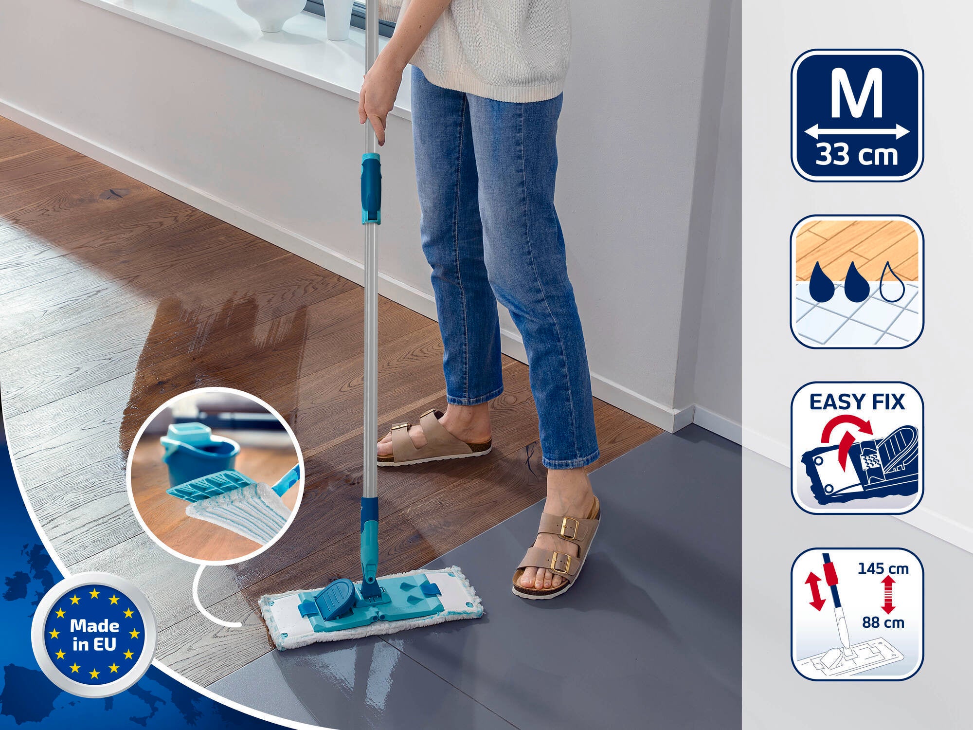 A person is mopping the floor with a Leifheit floor mop. The mop has an M-shaped head that is 33 cm wide and a simple attachment system. Made in the EU.