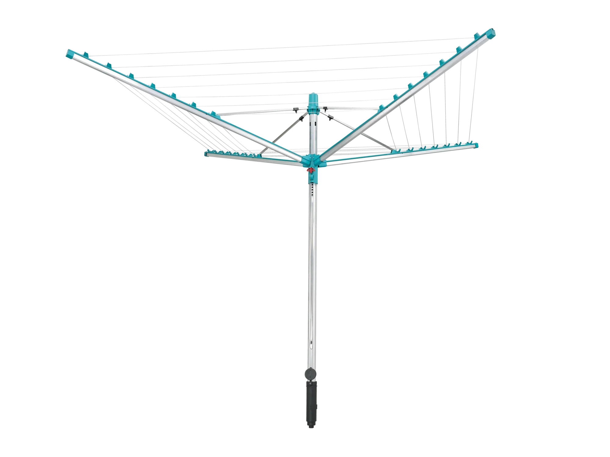 Een zilverkleurige droogmolen met meerdere drooglijnen, ideaal voor het drogen van kleding buitenshuis. De Linomatic 400 Easy is eenvoudig in gebruik en biedt veel ruimte voor je wasgoed.