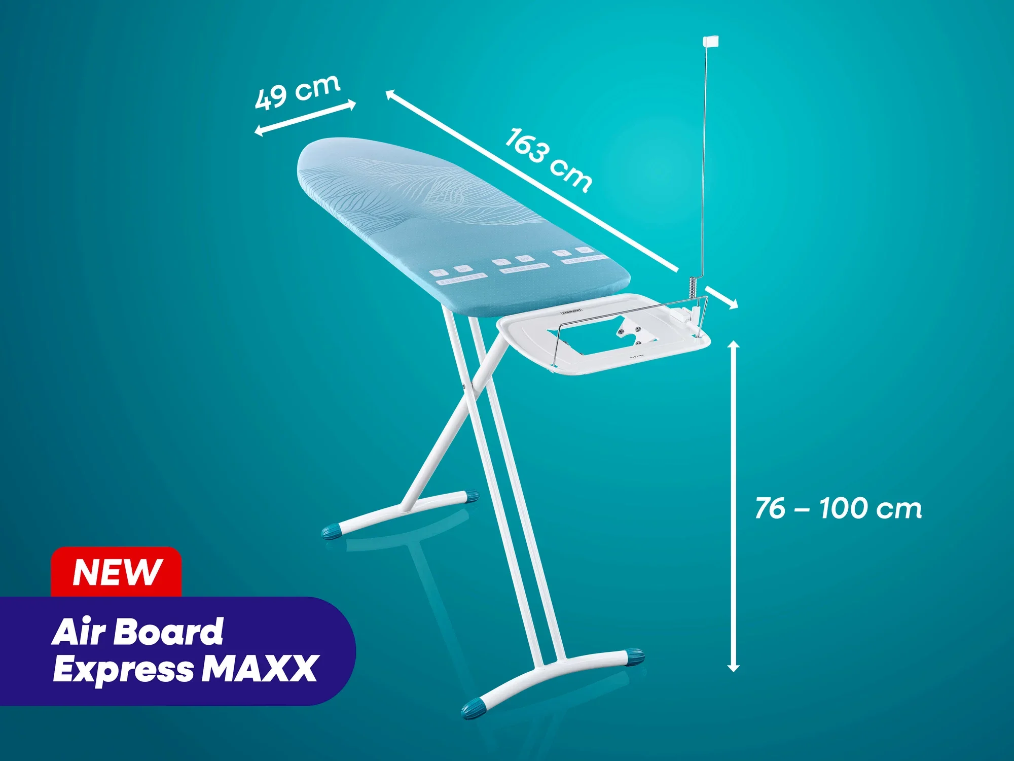 Bügeltisch Air Board Express MAXX von Leifheit mit einer Bügelfläche von 163 x 49 cm. Höhenverstellbar von 76 bis 100 cm. Stabiler Stand, ideal für effizientes Bügeln.